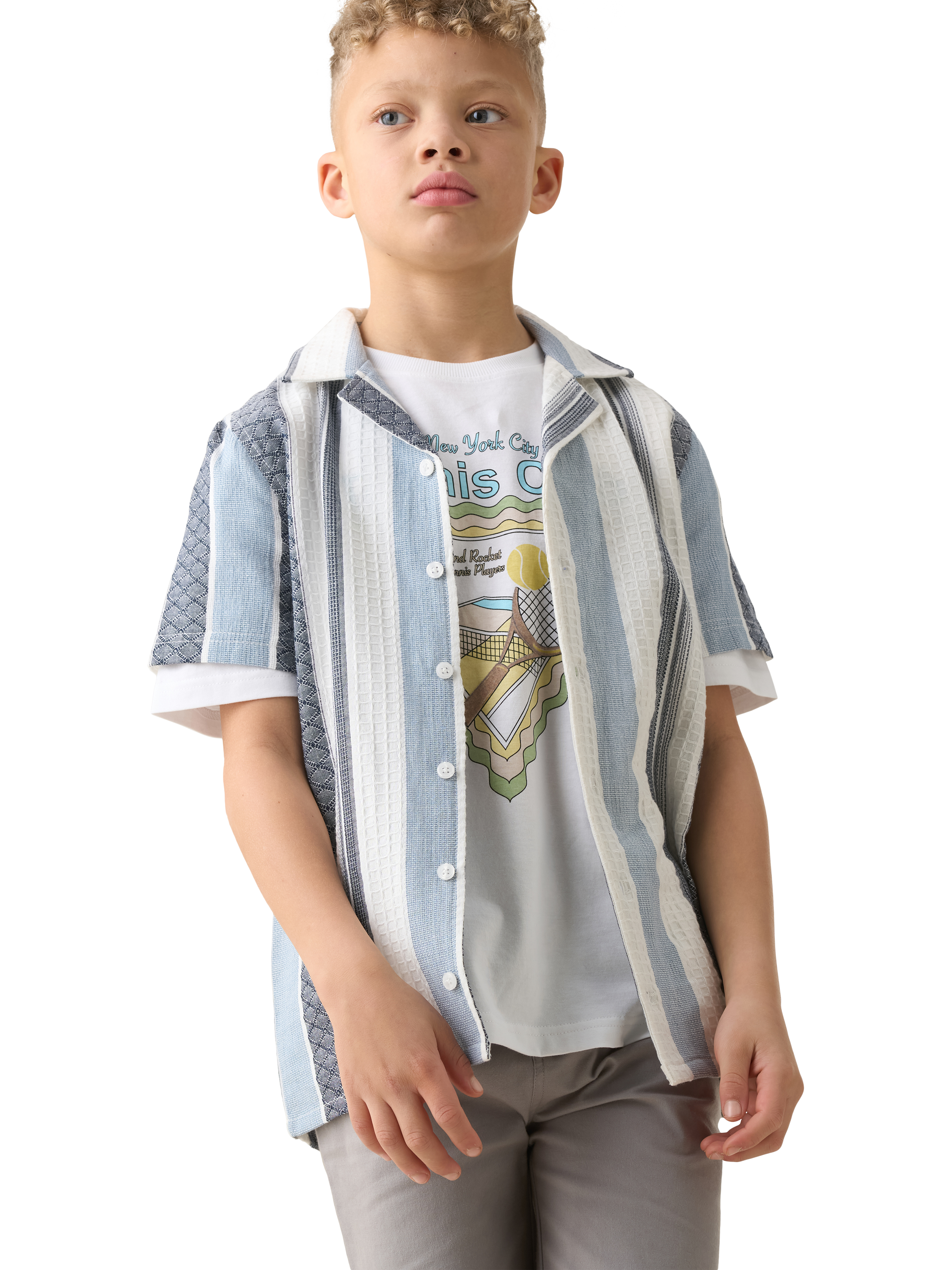 Product image 1 of 7, which shows Angel & Rocket Kids' Cotton Jaquard Stripe Shirt, White/Blue, 3 years