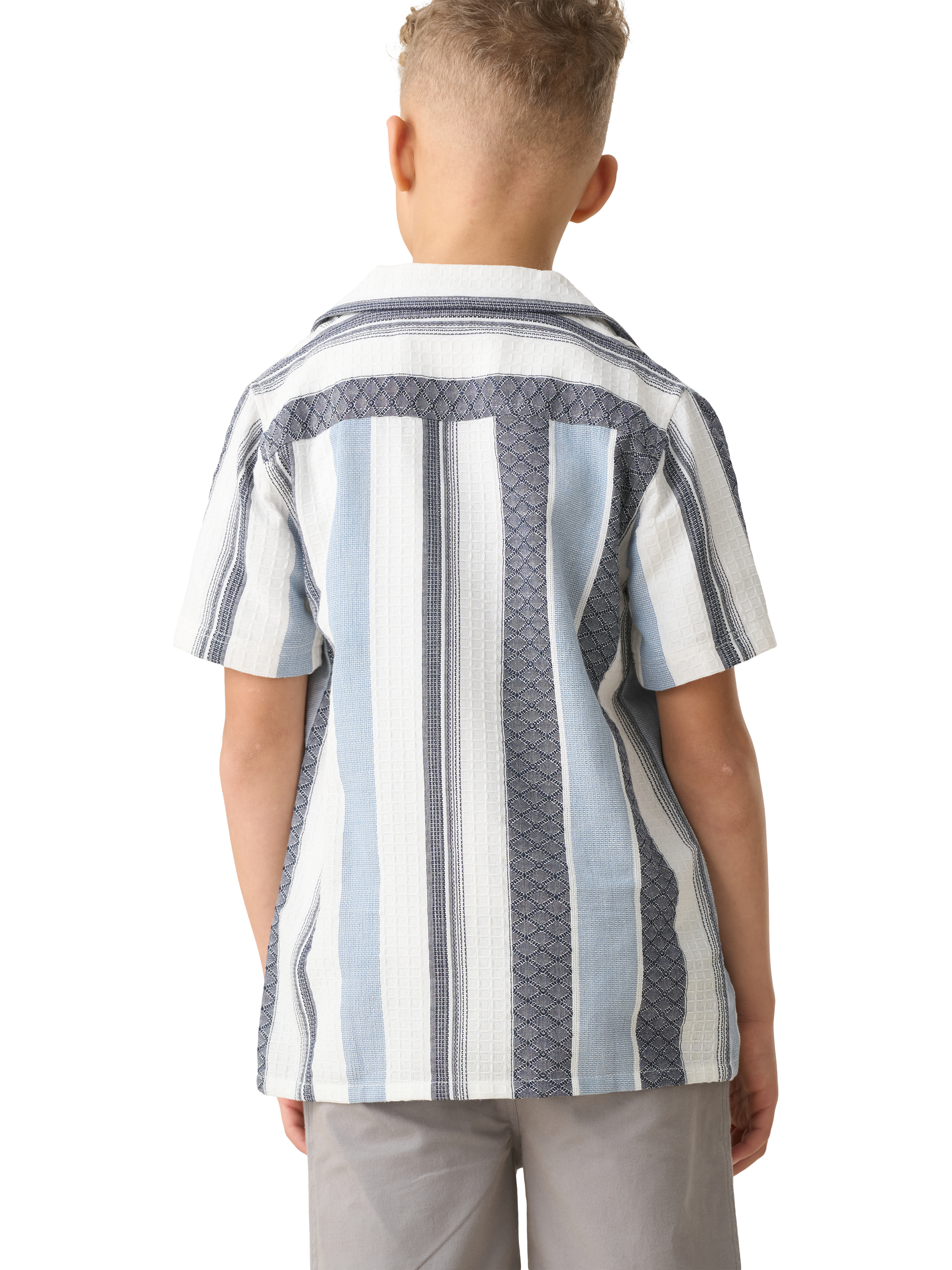 Product image 2 of 7, which shows Angel & Rocket Kids' Cotton Jaquard Stripe Shirt, White/Blue, 3 years