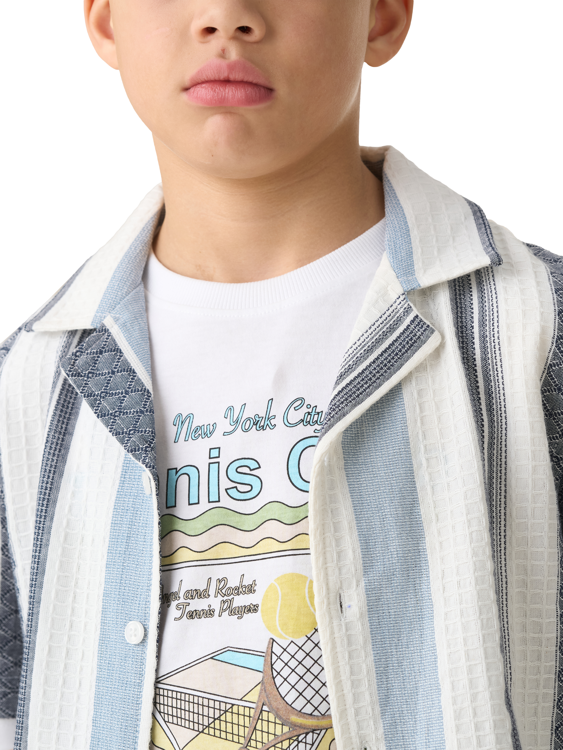 Product image 3 of 7, which shows Angel & Rocket Kids' Cotton Jaquard Stripe Shirt, White/Blue, 3 years