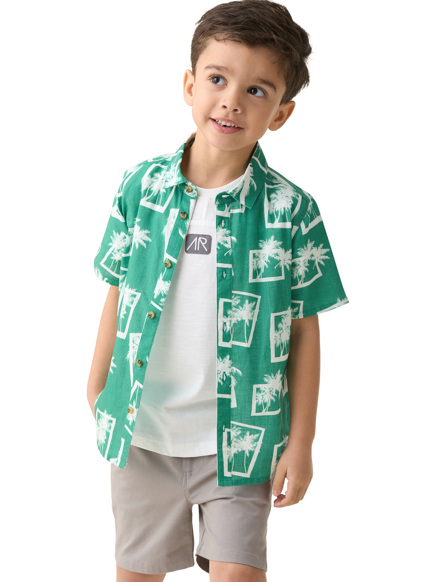 Product image 1 of 6, which shows Angel & Rocket Kids' Palm Print Resort Shirt, Green/White, 3 years