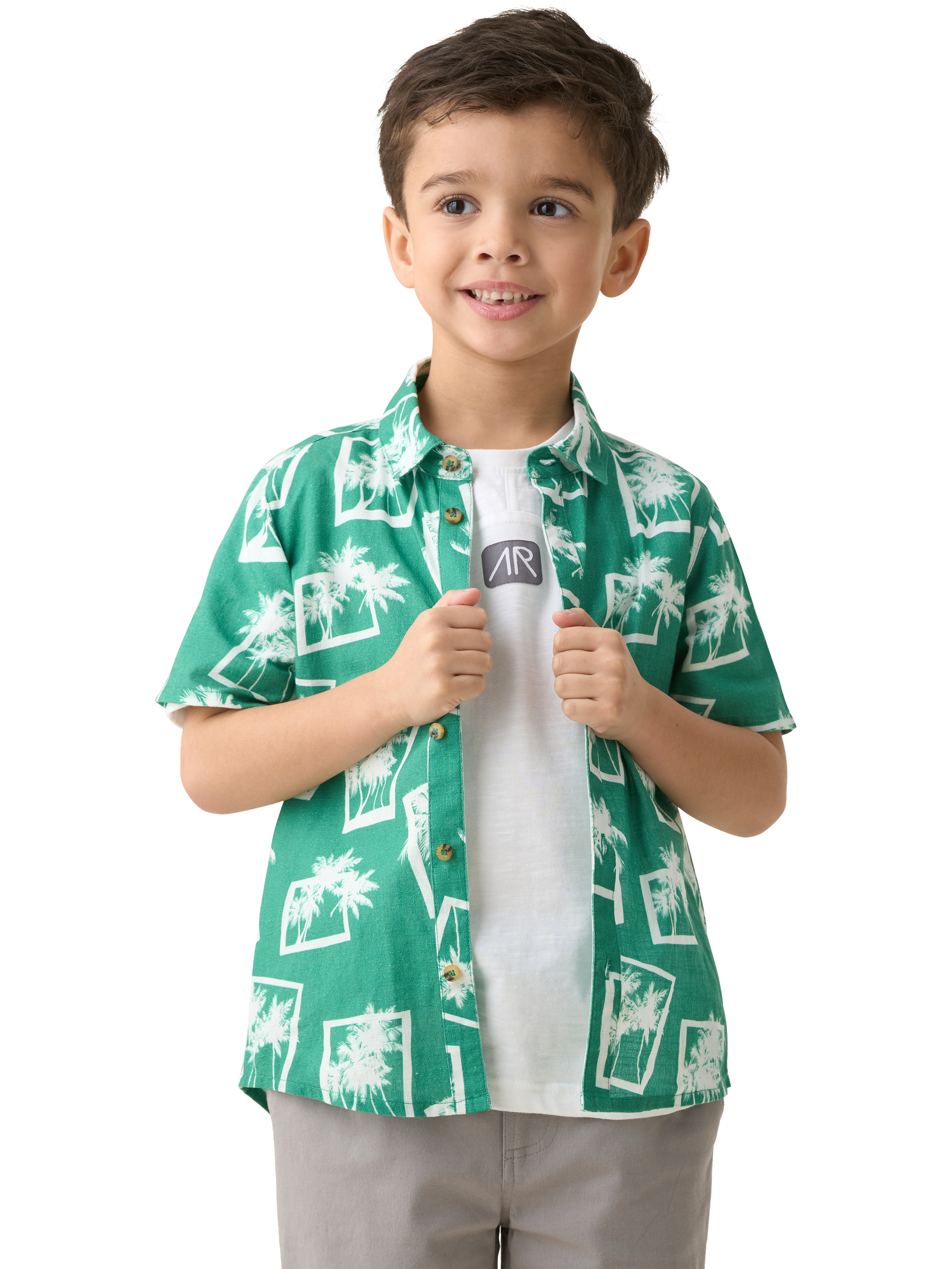 Product image 2 of 6, which shows Angel & Rocket Kids' Palm Print Resort Shirt, Green/White, 3 years