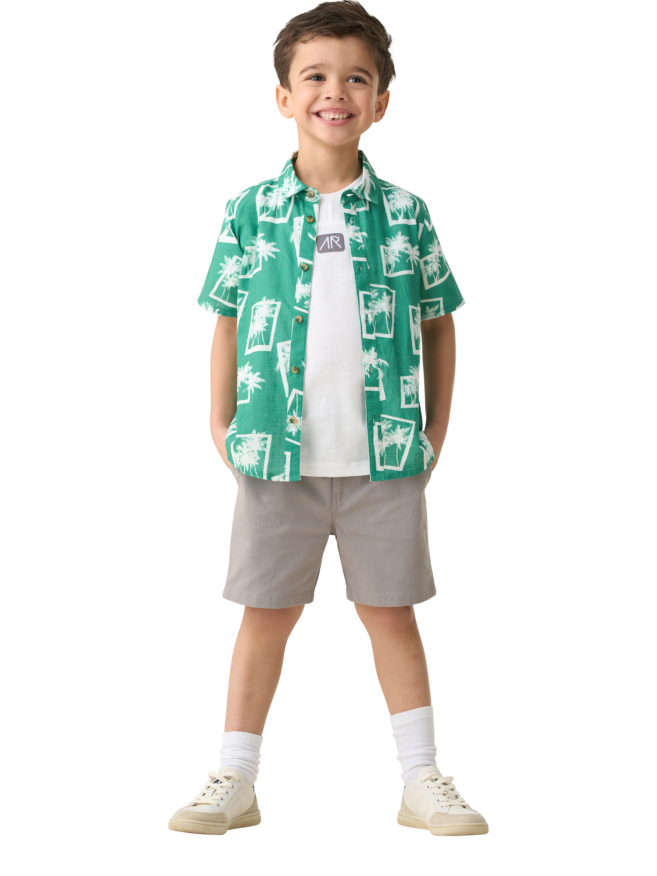 Product image 3 of 6, which shows Angel & Rocket Kids' Palm Print Resort Shirt, Green/White, 3 years
