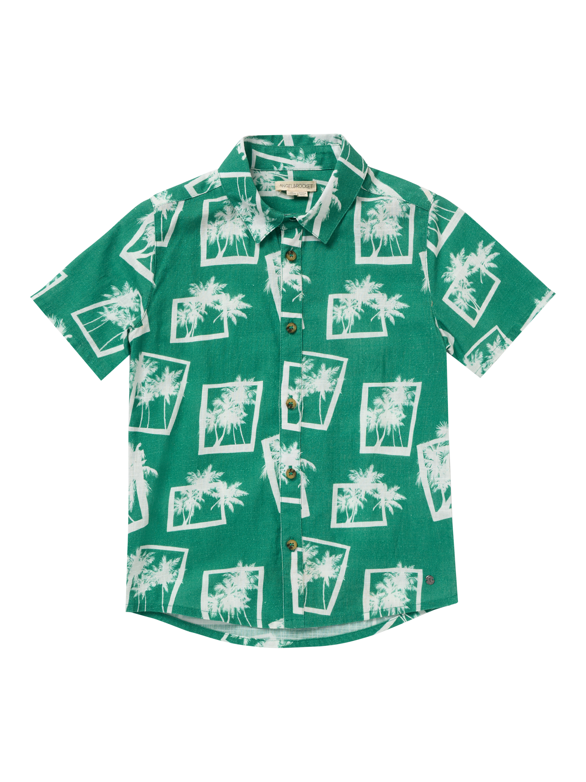 Product image 4 of 6, which shows Angel & Rocket Kids' Palm Print Resort Shirt, Green/White, 3 years