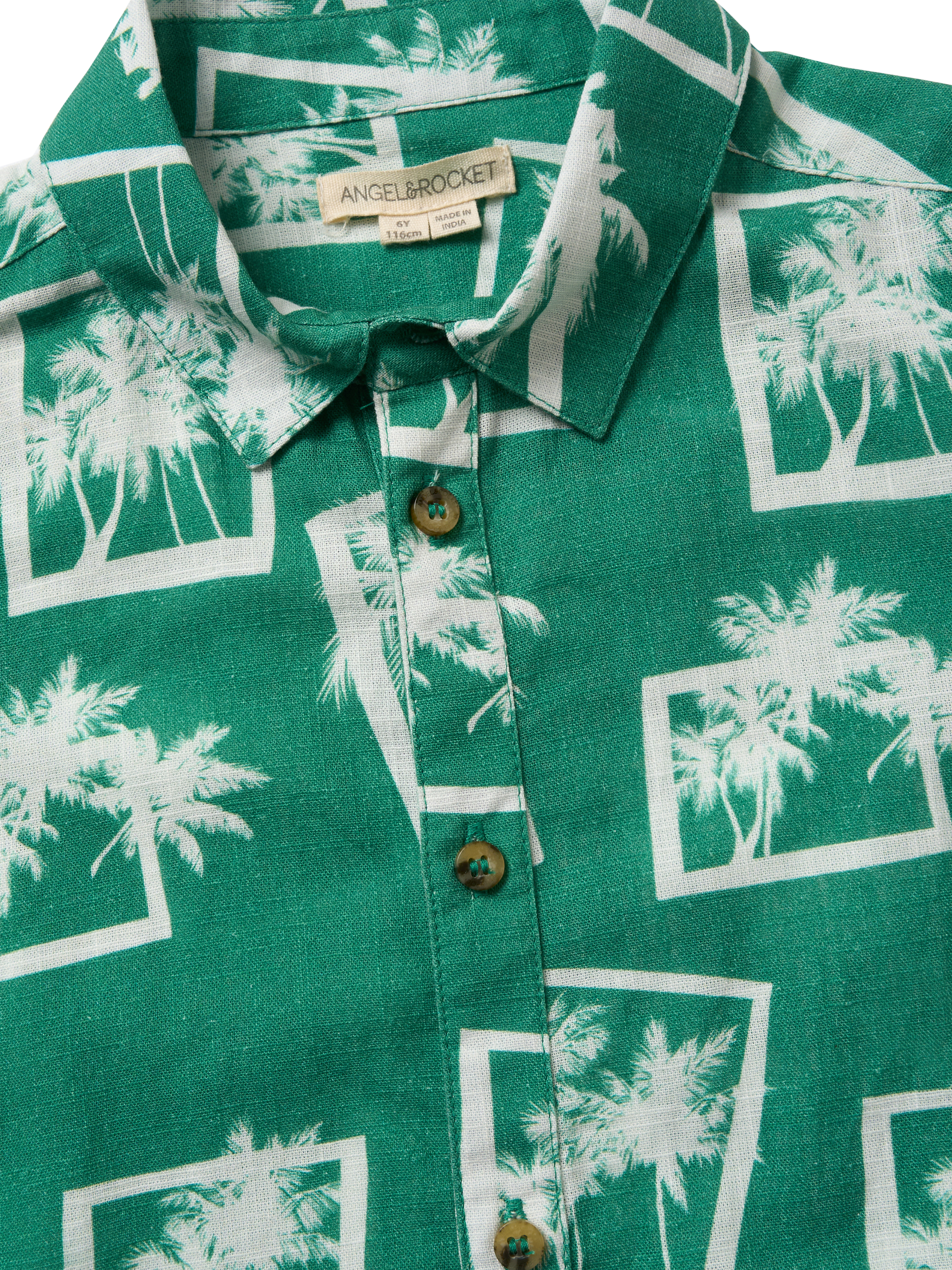 Product image 6 of 6, which shows Angel & Rocket Kids' Palm Print Resort Shirt, Green/White, 3 years