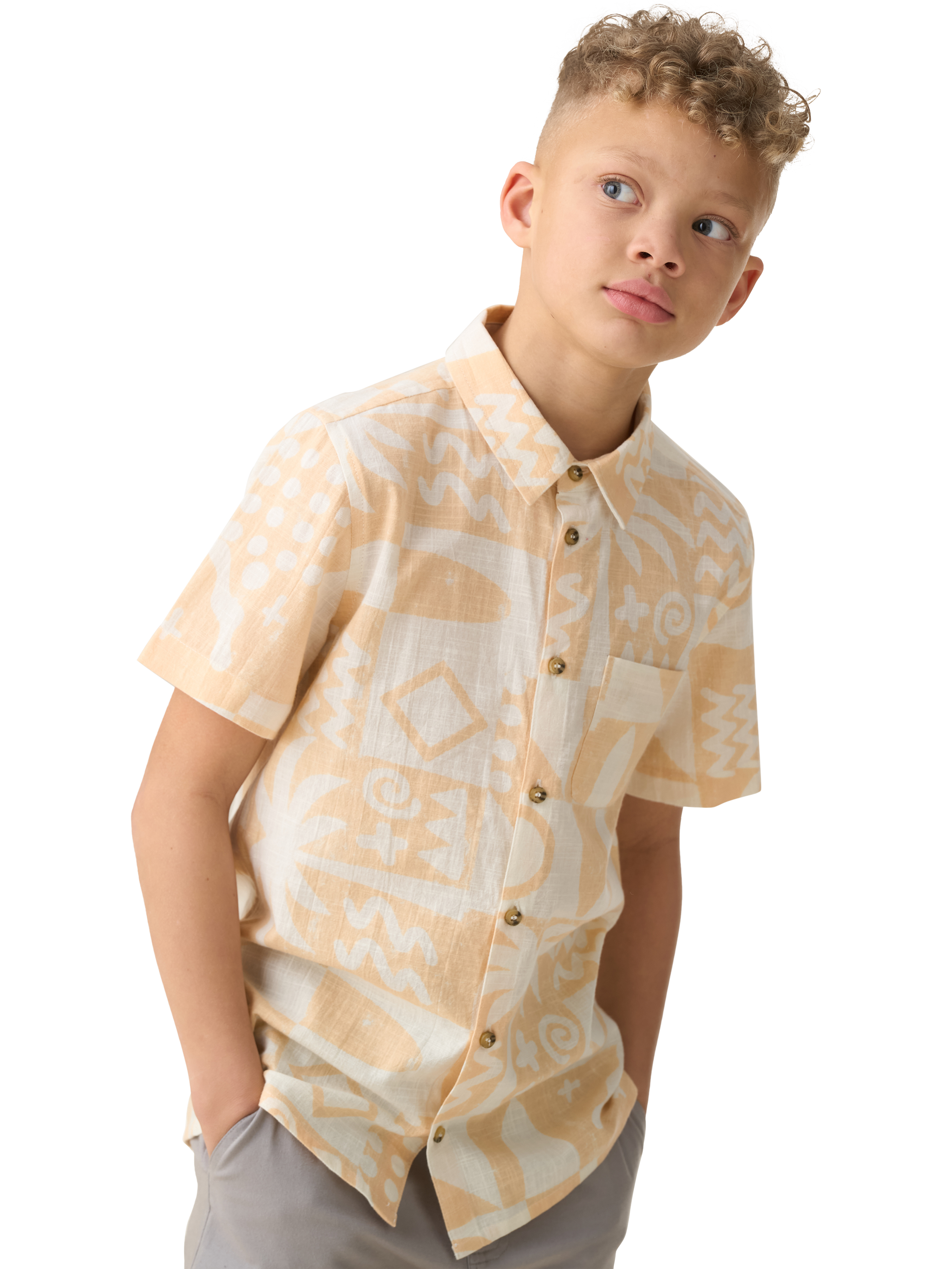 Product image 1 of 5, which shows Angel & Rocket Kids' Abstract Print Resort Shirt, Orange, 3 years
