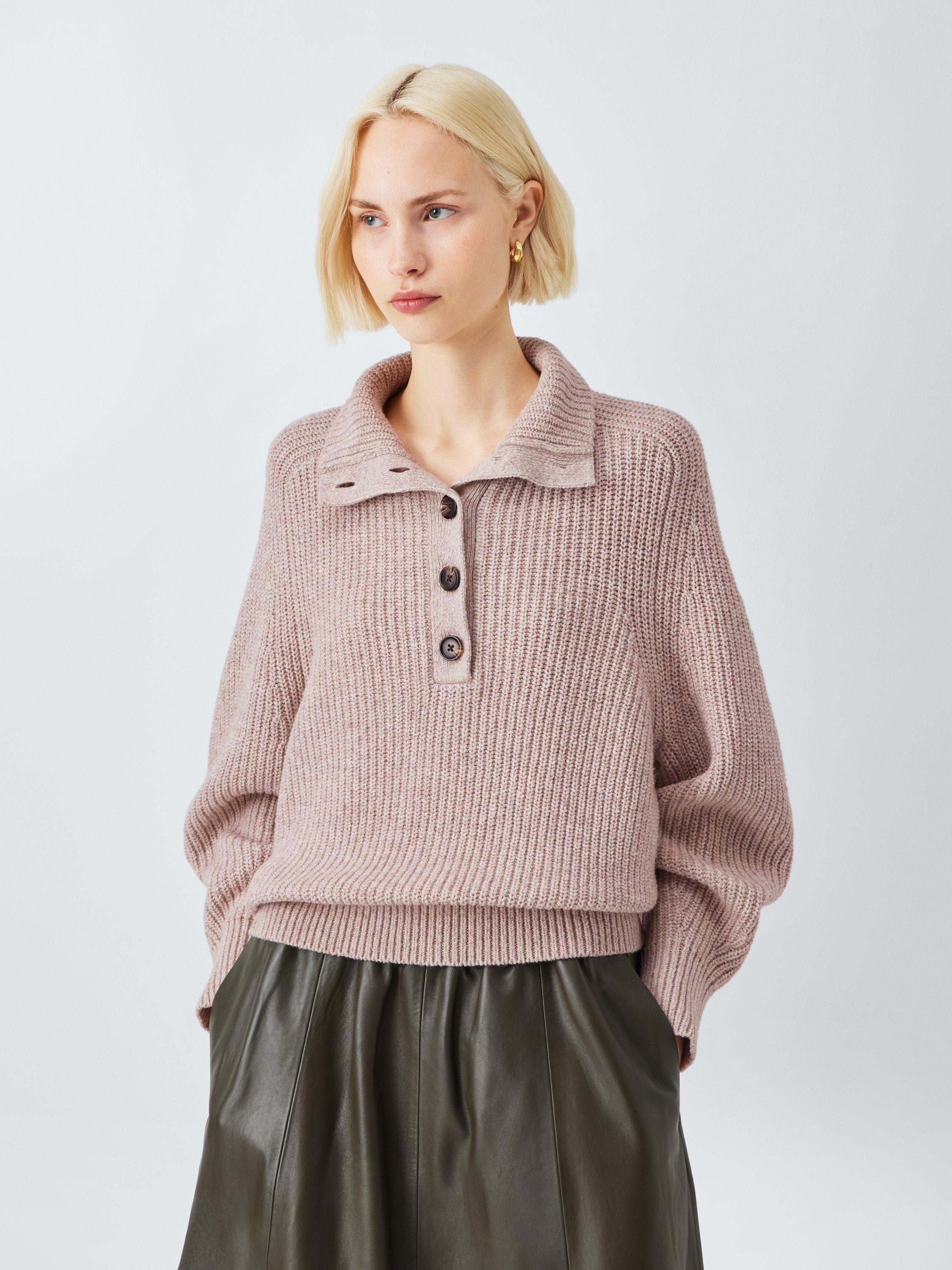 Product image 1 of 6, which shows John Lewis Cotton & Wool Blend Button Neck Jumper, Natural, S