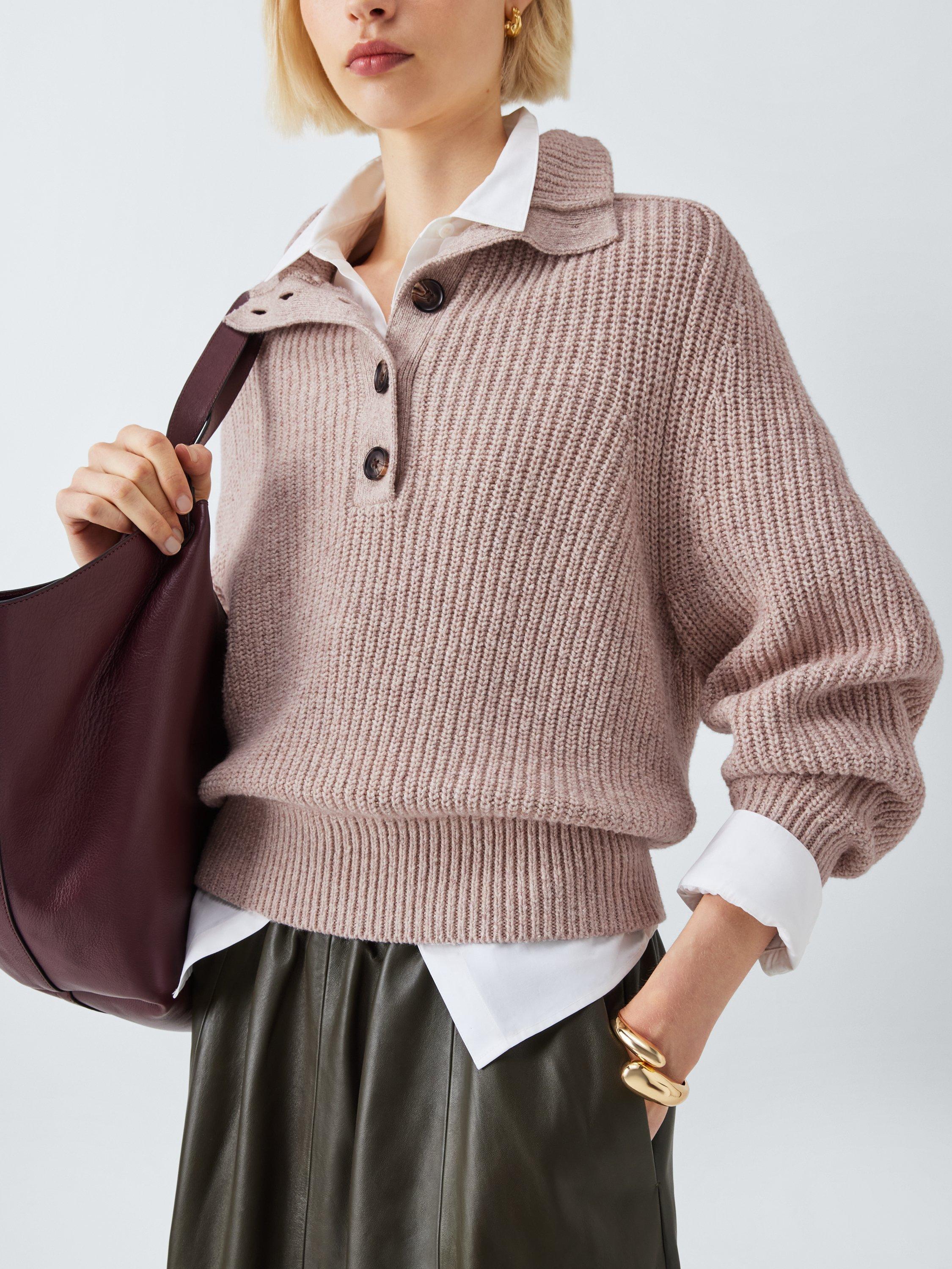 Product image 6 of 6, which shows John Lewis Cotton & Wool Blend Button Neck Jumper, Natural, S