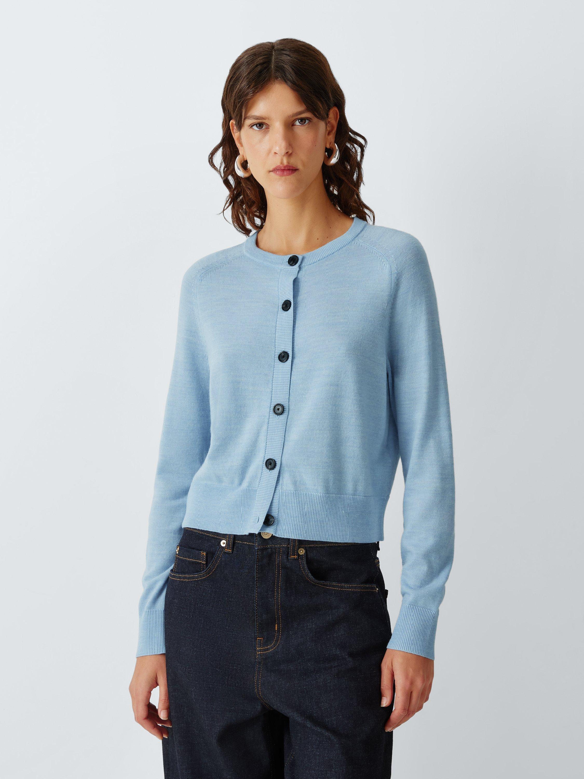 Product image 1 of 6, which shows John Lewis Merino Wool Crew Neck Cardigan, Light Blue, 8