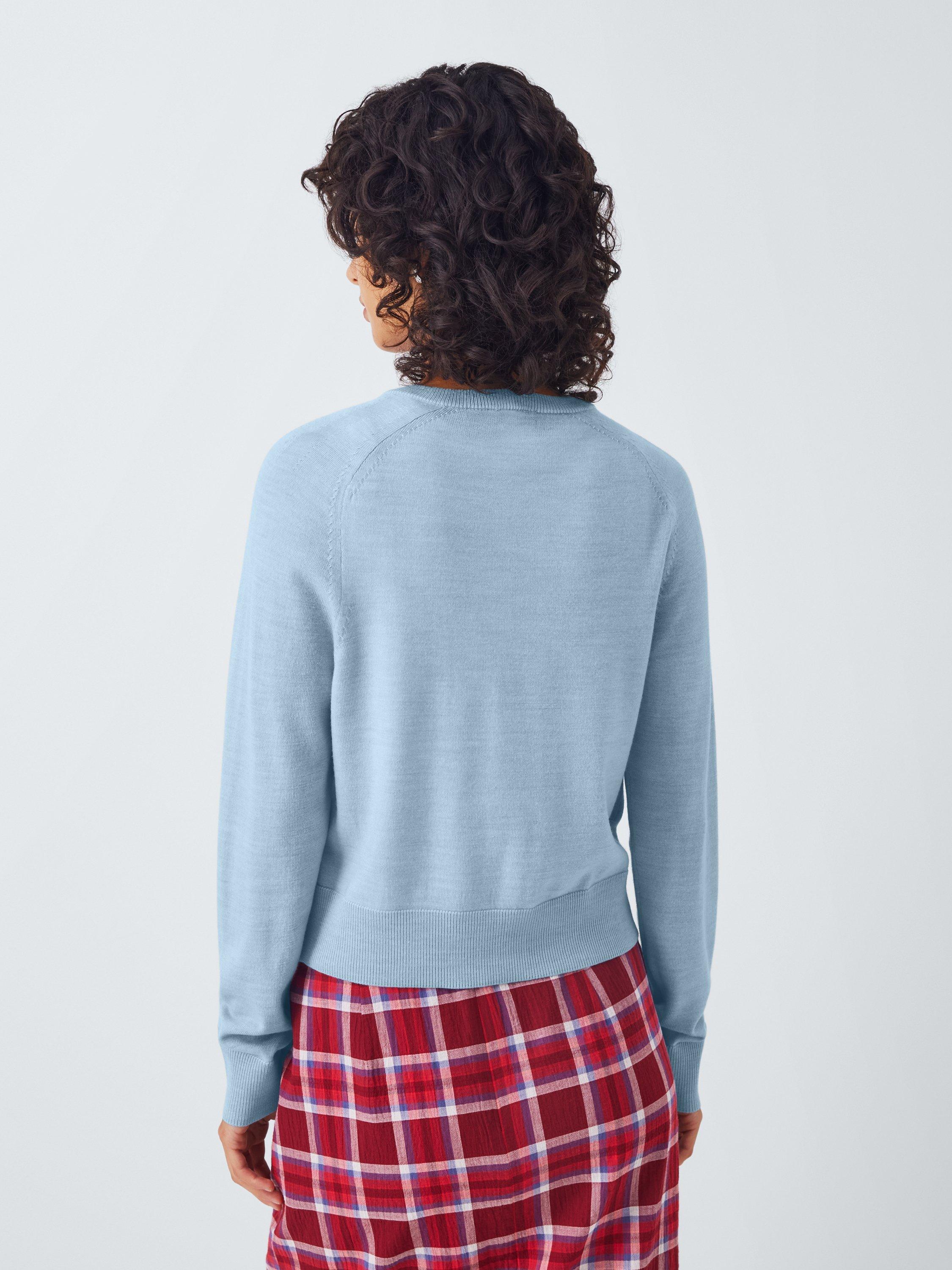 Product image 2 of 6, which shows John Lewis Merino Wool Crew Neck Cardigan, Light Blue, 8