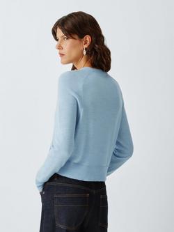 John Lewis Merino Wool Crew Neck Cardigan - view 2, Light Blue