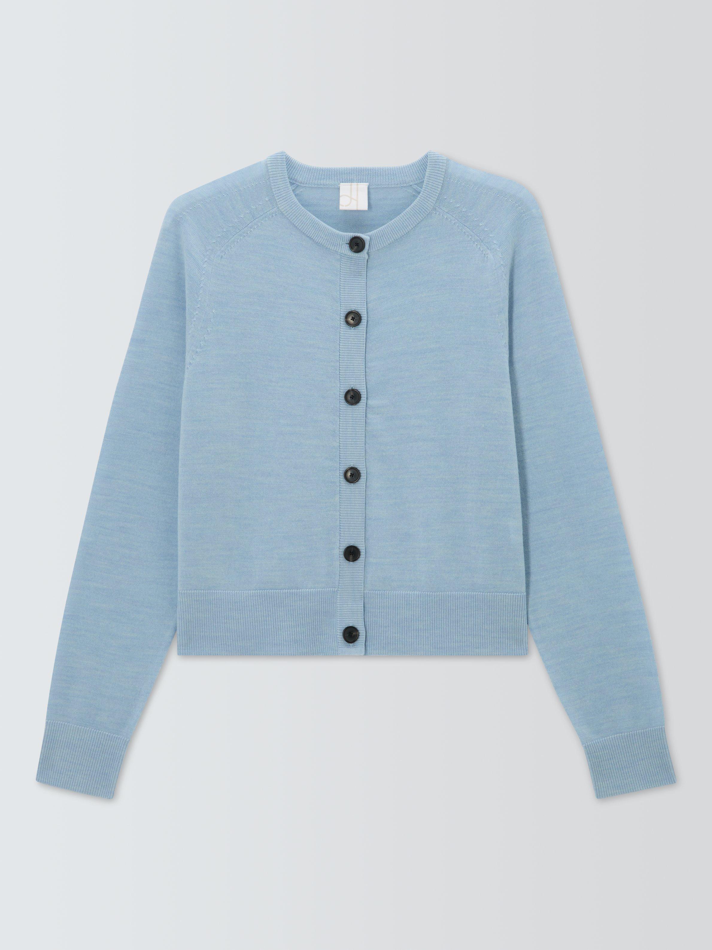 Product image 4 of 6, which shows John Lewis Merino Wool Crew Neck Cardigan, Light Blue, 8