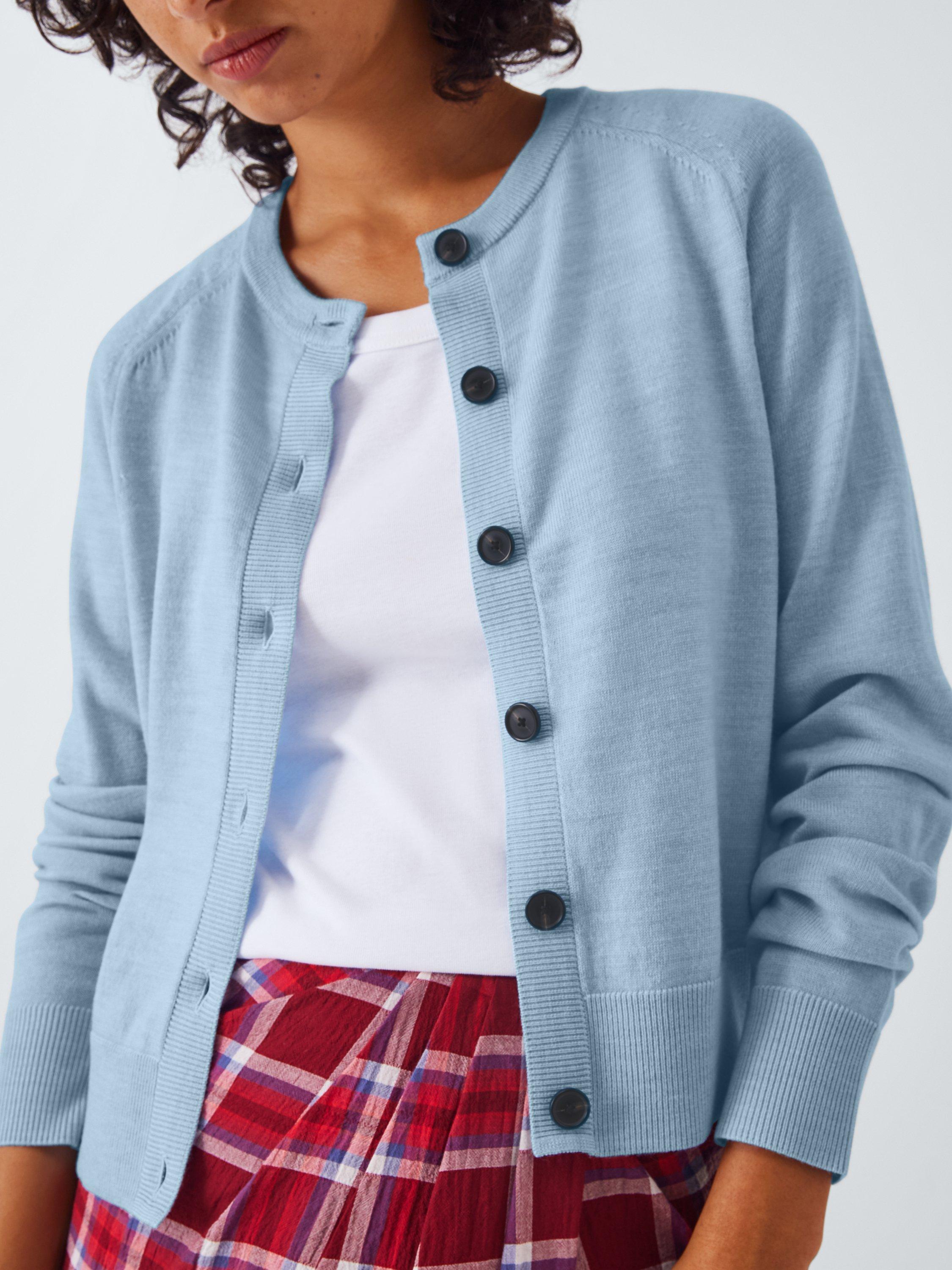 Product image 5 of 6, which shows John Lewis Merino Wool Crew Neck Cardigan, Light Blue, 8