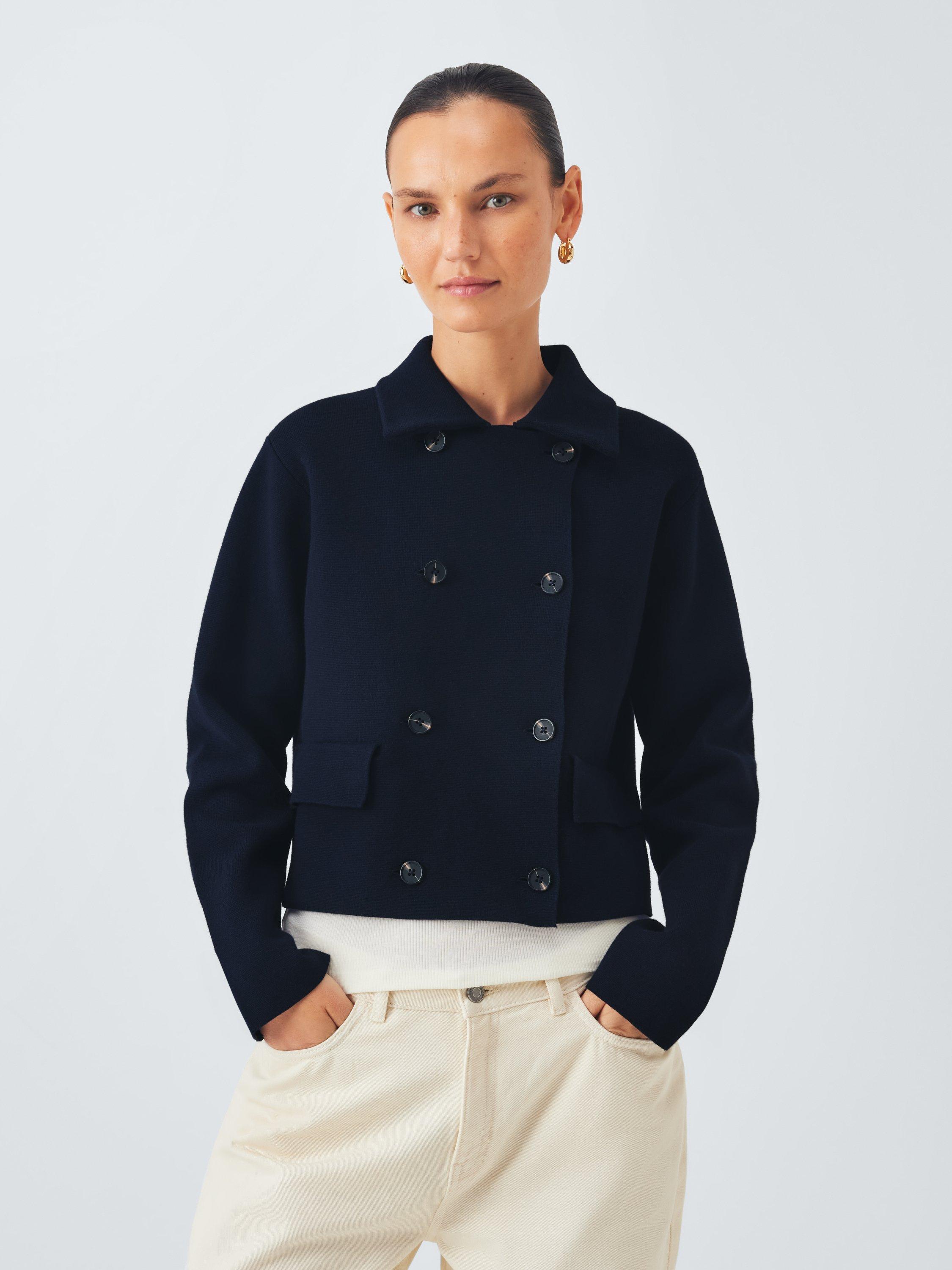 John Lewis Double Breasted Cotton Blend Knit Jacket, Navy
