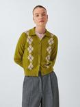 John Lewis Merino Wool Argyle Knit Collar Cardigan, Olive