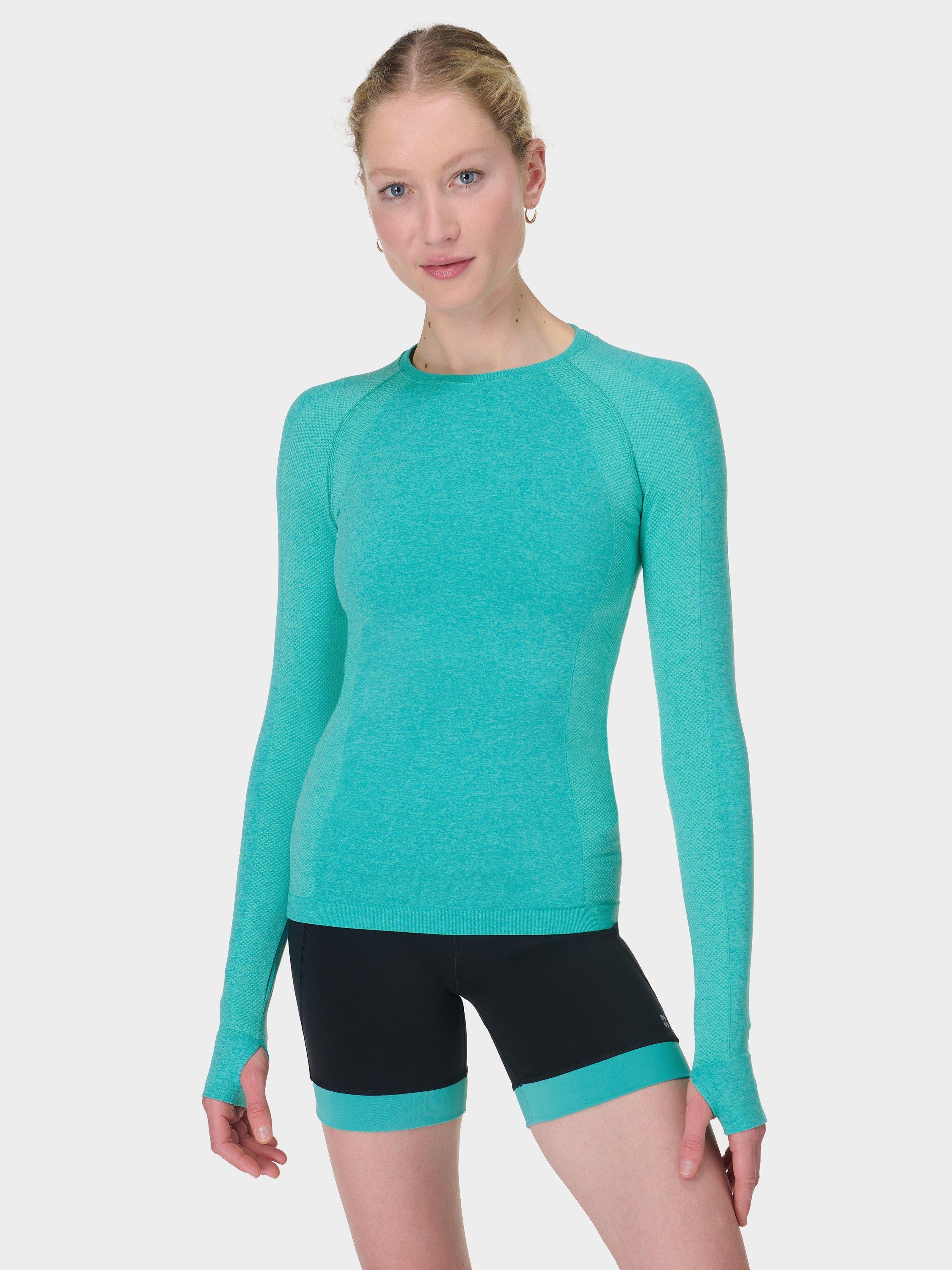 Product image 1 of 7, which shows Sweaty Betty Athlete Seamless Long Sleeve Gym Top, Seaspray Ripple Blue Marl, XXS