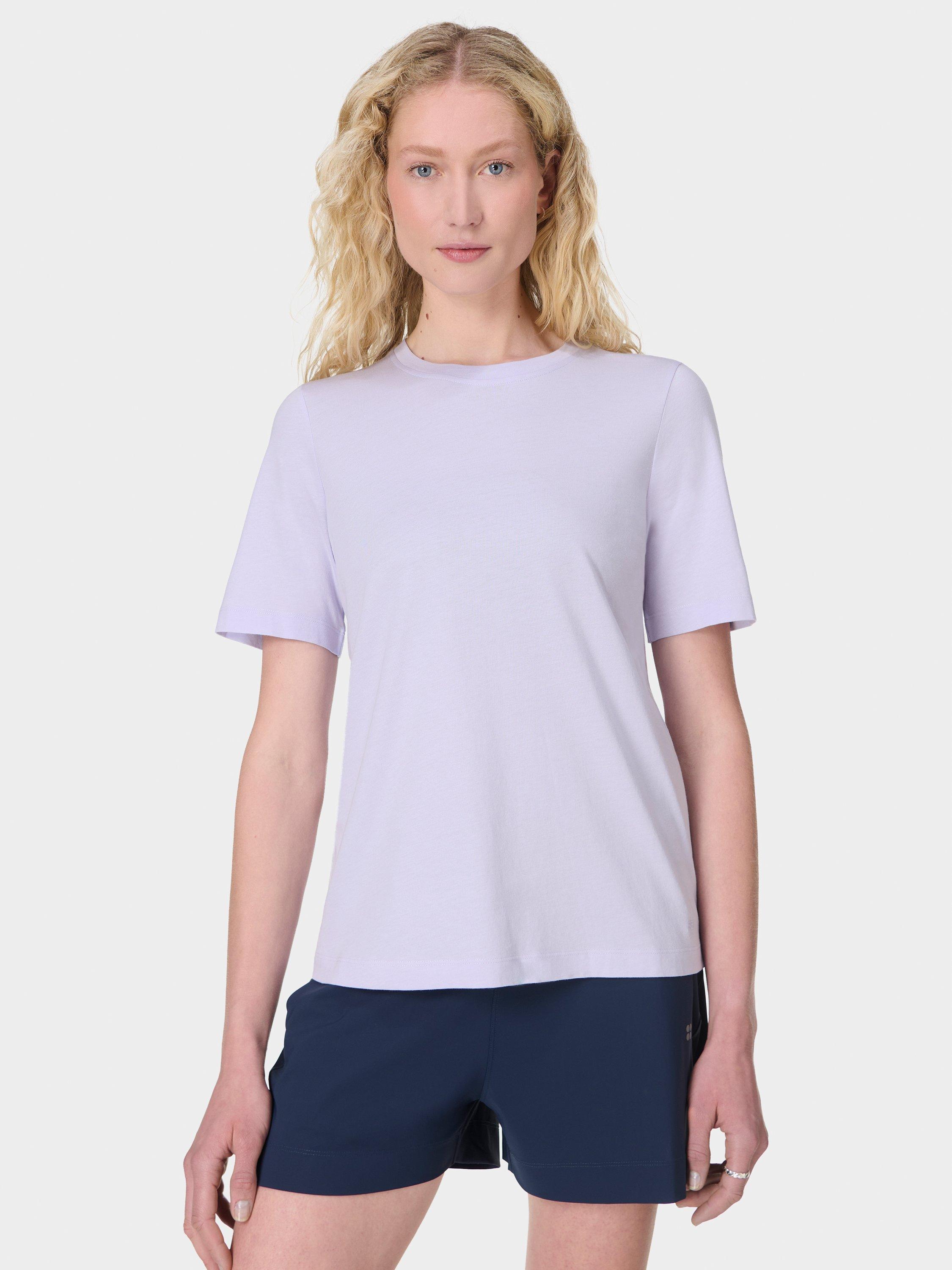 Product image 1 of 7, which shows Sweaty Betty Essential Organic Cotton Rich T-Shirt, Heather Purple, XXS