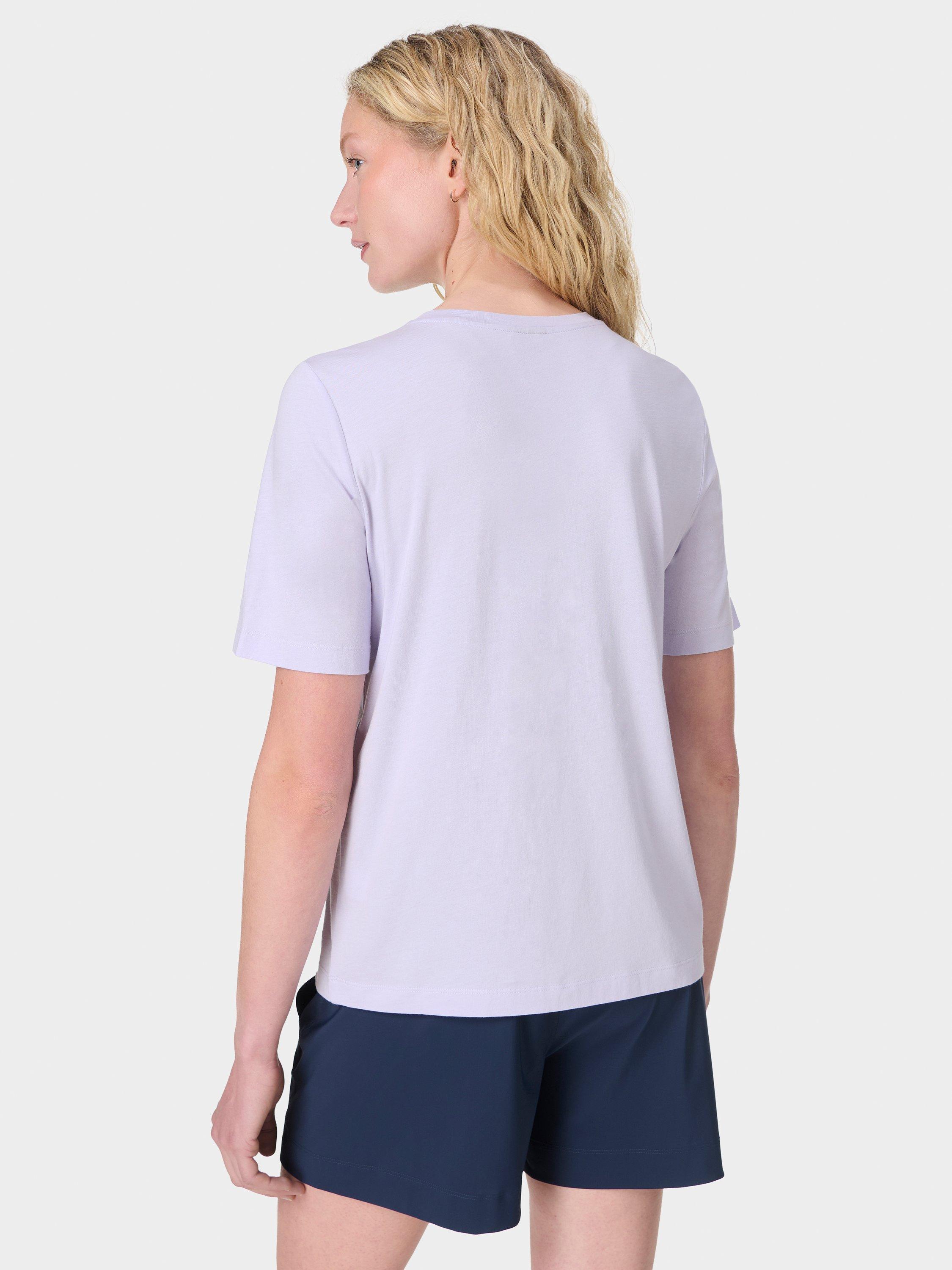 Product image 4 of 7, which shows Sweaty Betty Essential Organic Cotton Rich T-Shirt, Heather Purple, XXS