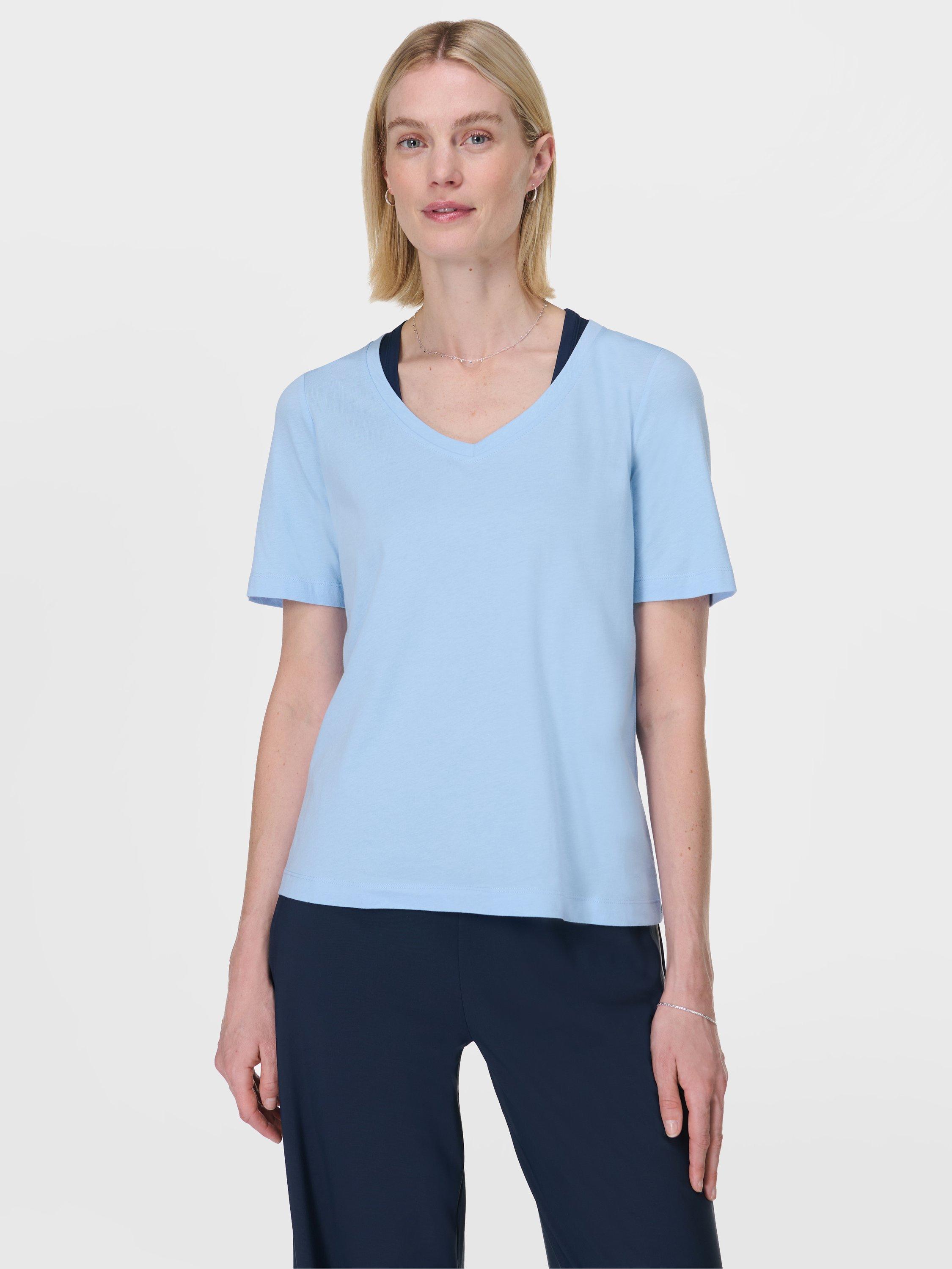 Product image 1 of 8, which shows Sweaty Betty Essential V-Neck T-Shirt, Breeze Blue, XXS