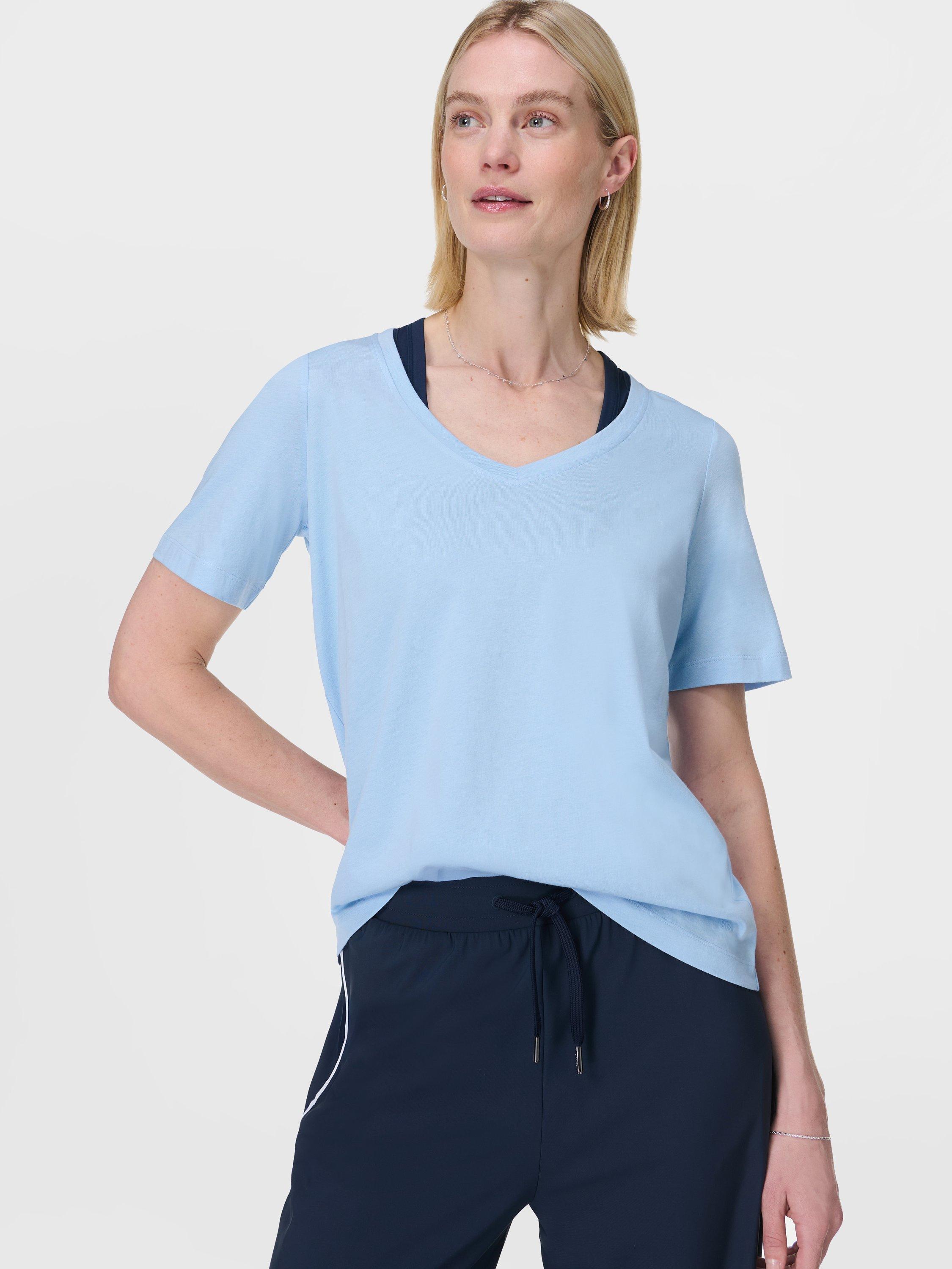 Product image 2 of 8, which shows Sweaty Betty Essential V-Neck T-Shirt, Breeze Blue, XXS
