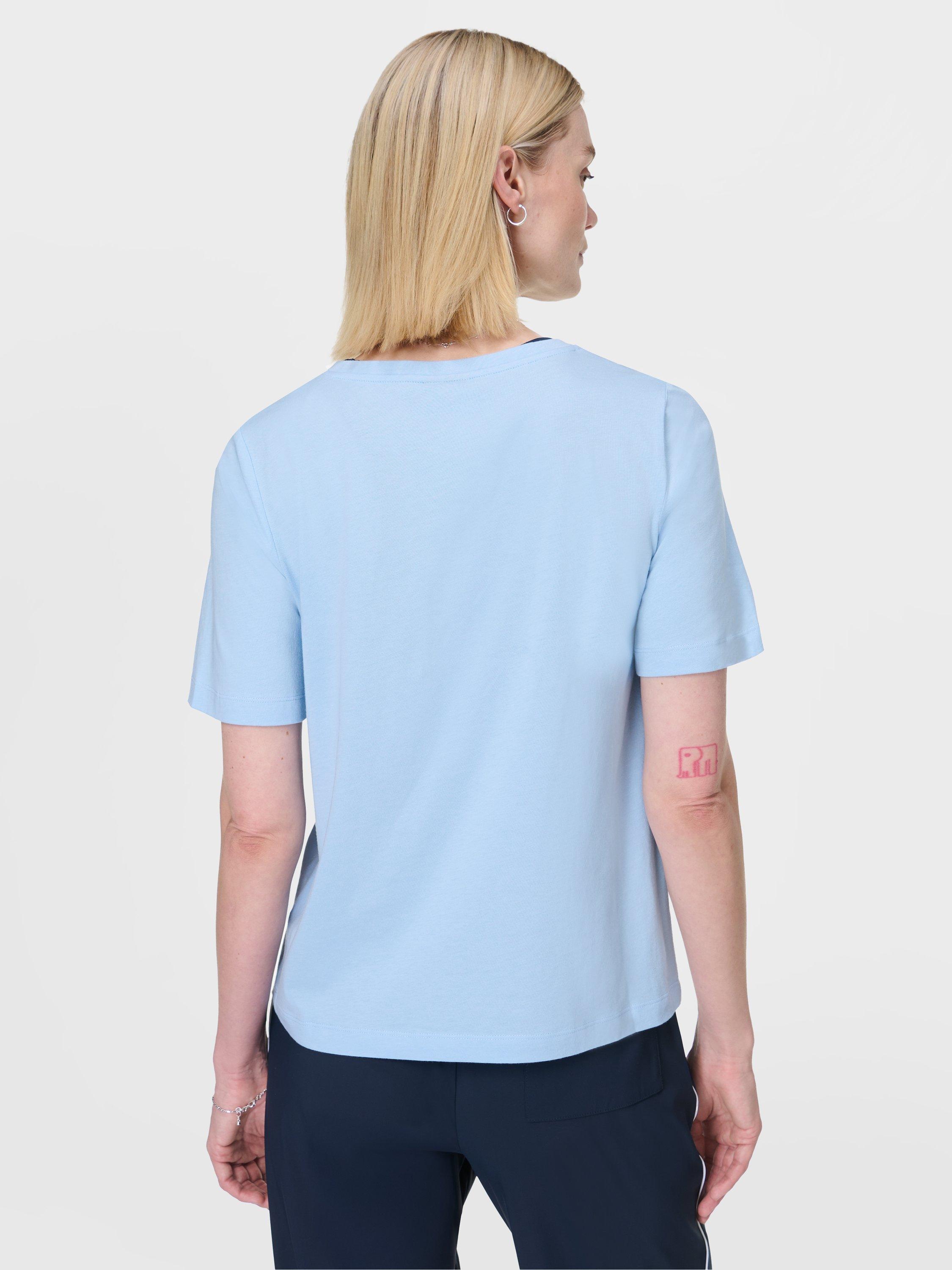 Product image 4 of 8, which shows Sweaty Betty Essential V-Neck T-Shirt, Breeze Blue, XXS
