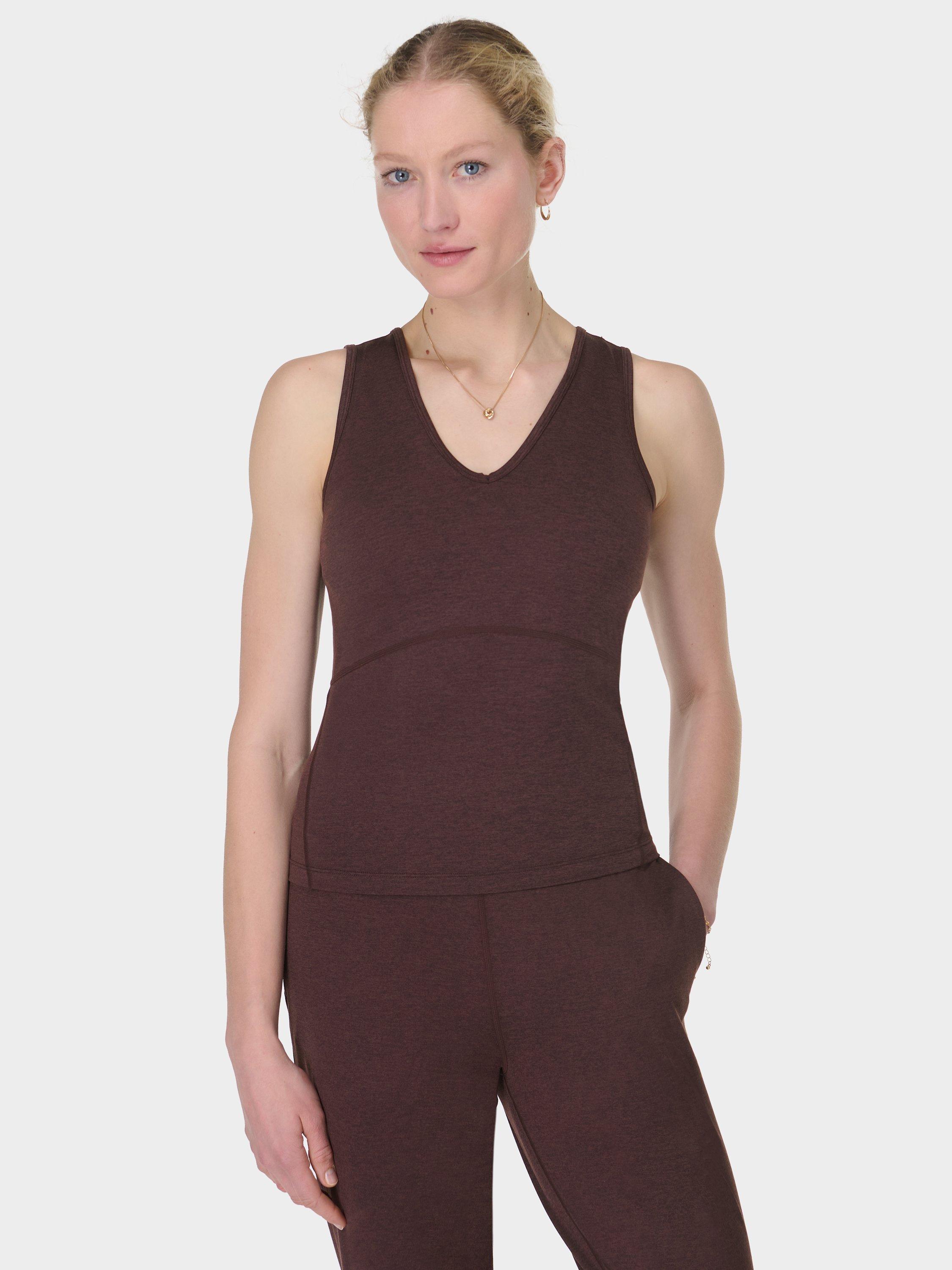 Product image 1 of 7, which shows Sweaty Betty Gaia V-Neck Tank Top, Sable Brown Marl, XXS