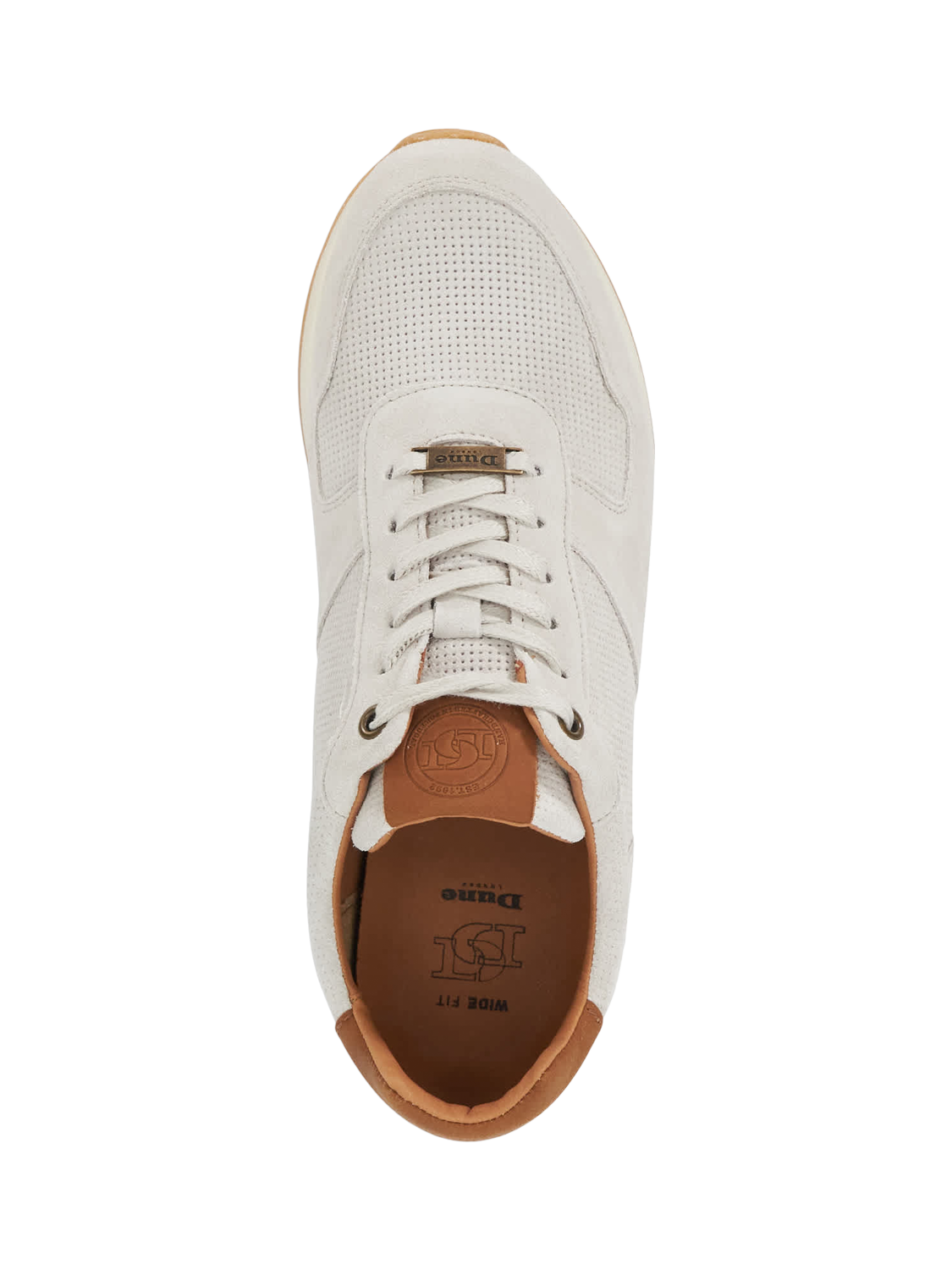 Product image 5 of 6, which shows Dune London Trilogy Wide Fit Suede Trainers, Off White, 6