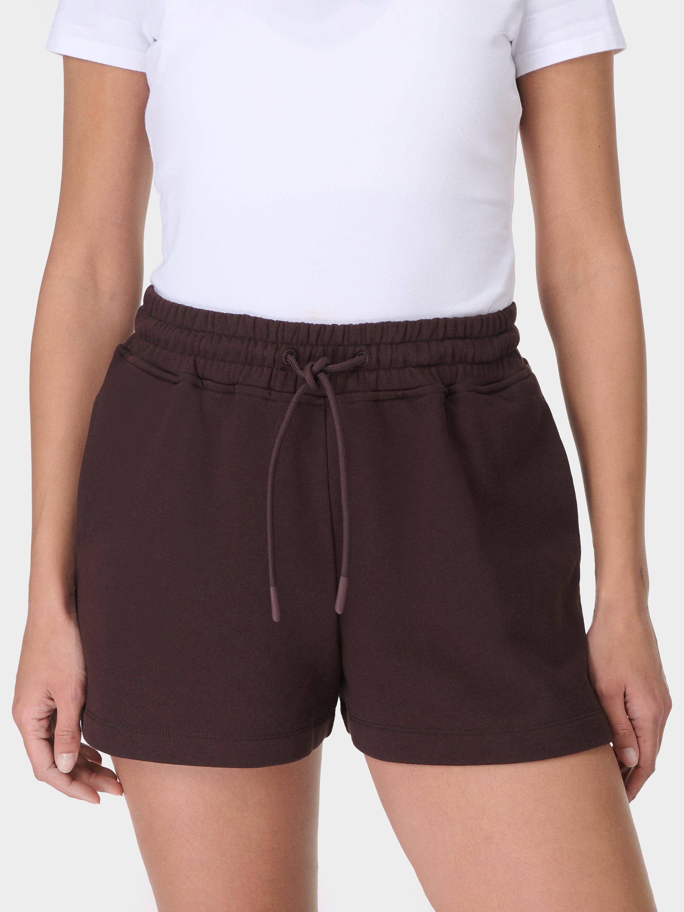 Product image 1 of 8, which shows Sweaty Betty Revive Boxy Organic Cotton Rich Shorts, Sable Brown, XXS