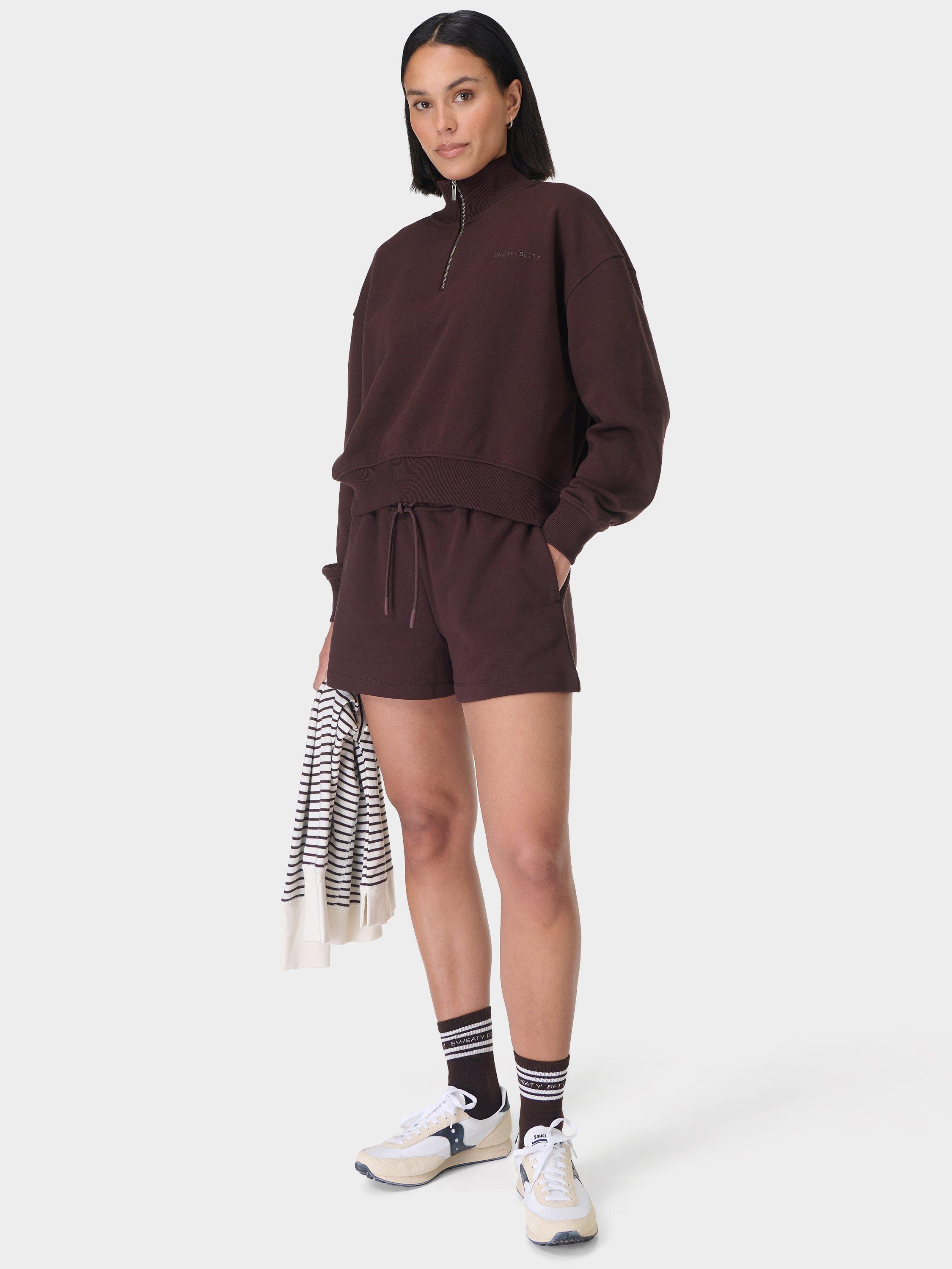 Product image 2 of 8, which shows Sweaty Betty Revive Boxy Organic Cotton Rich Shorts, Sable Brown, XXS