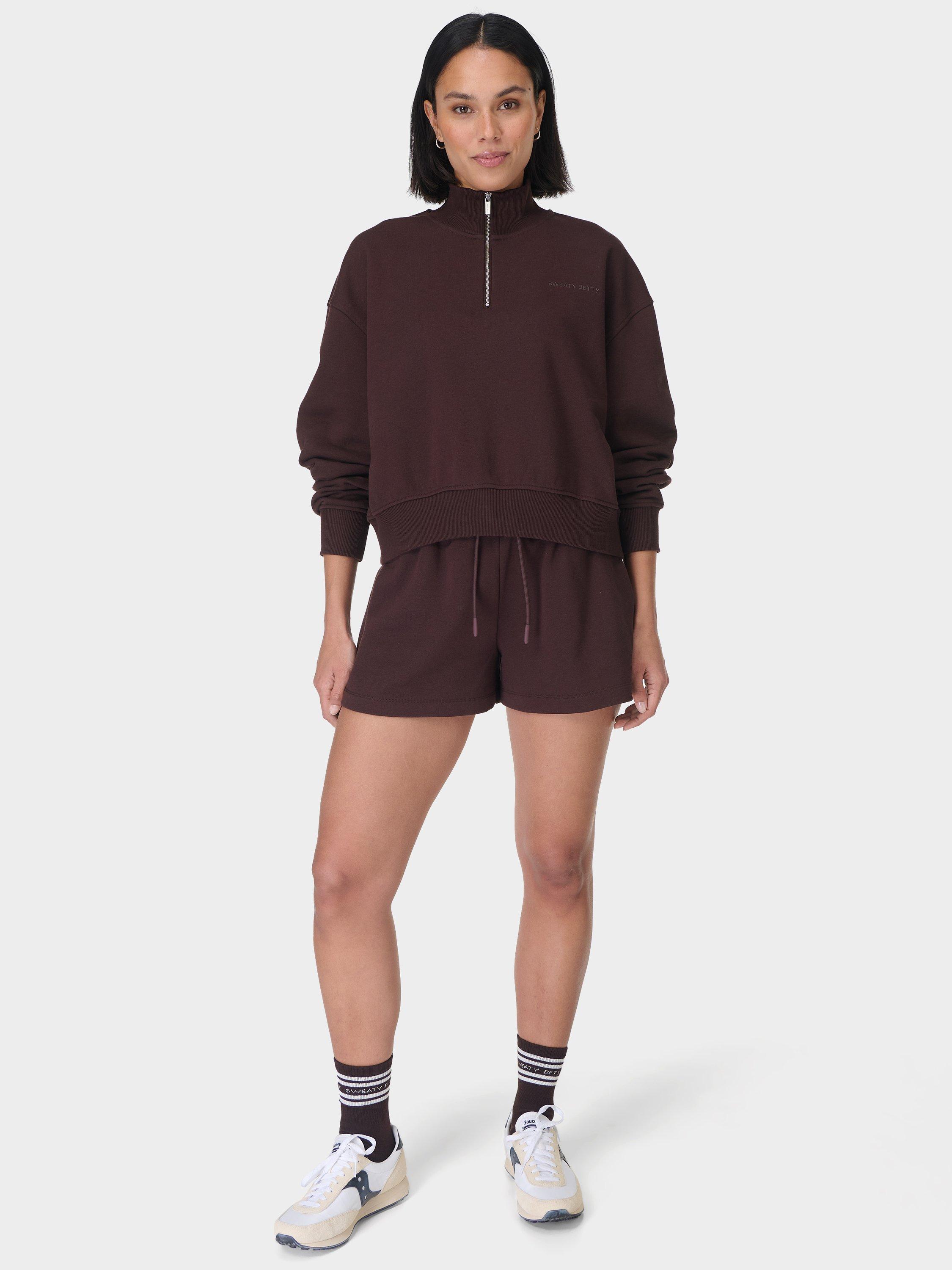 Product image 5 of 8, which shows Sweaty Betty Revive Boxy Organic Cotton Rich Shorts, Sable Brown, XXS