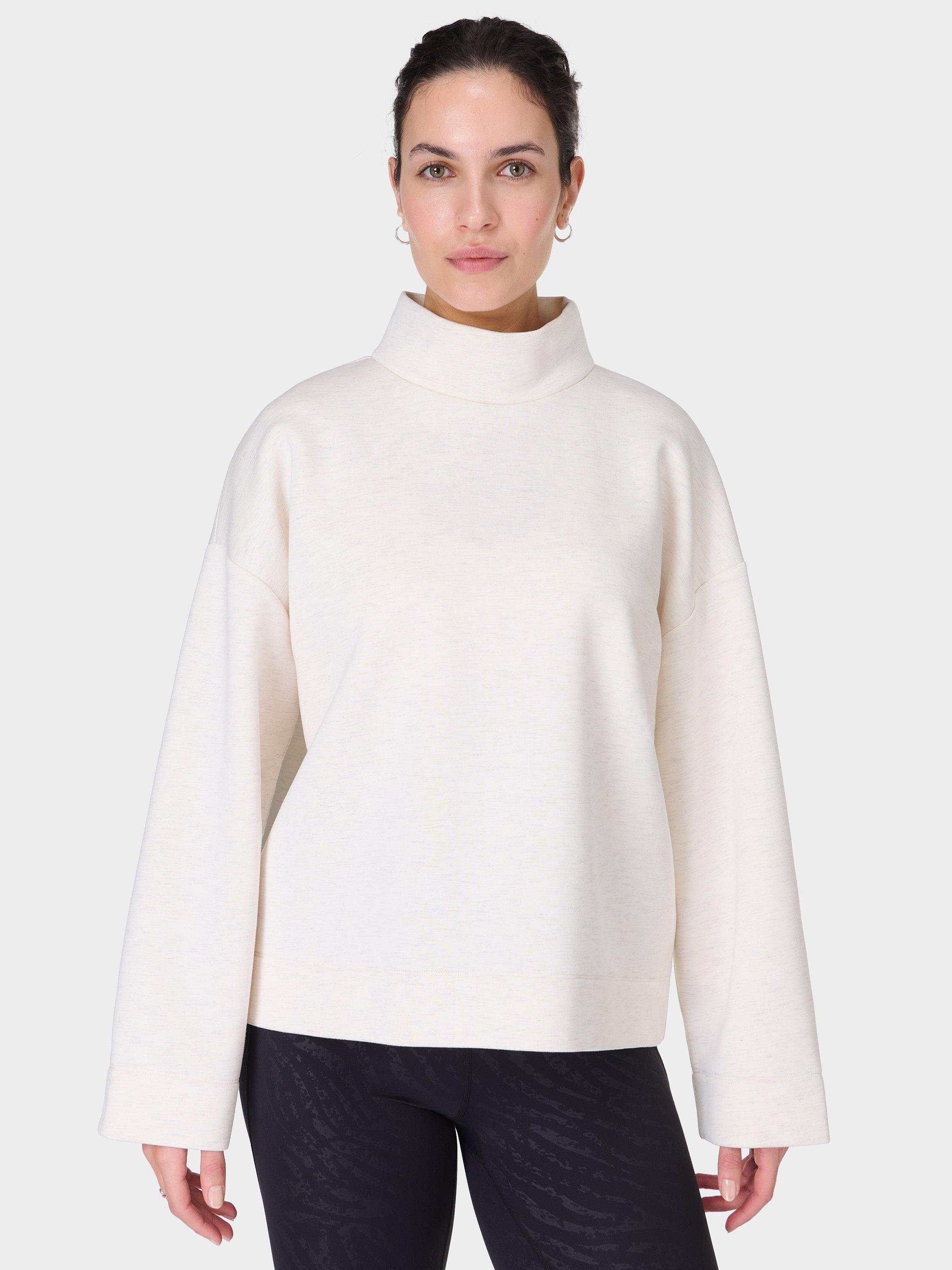 Product image 1 of 8, which shows Sweaty Betty Wind Down Funnel Neck Jumper, White Marl, L