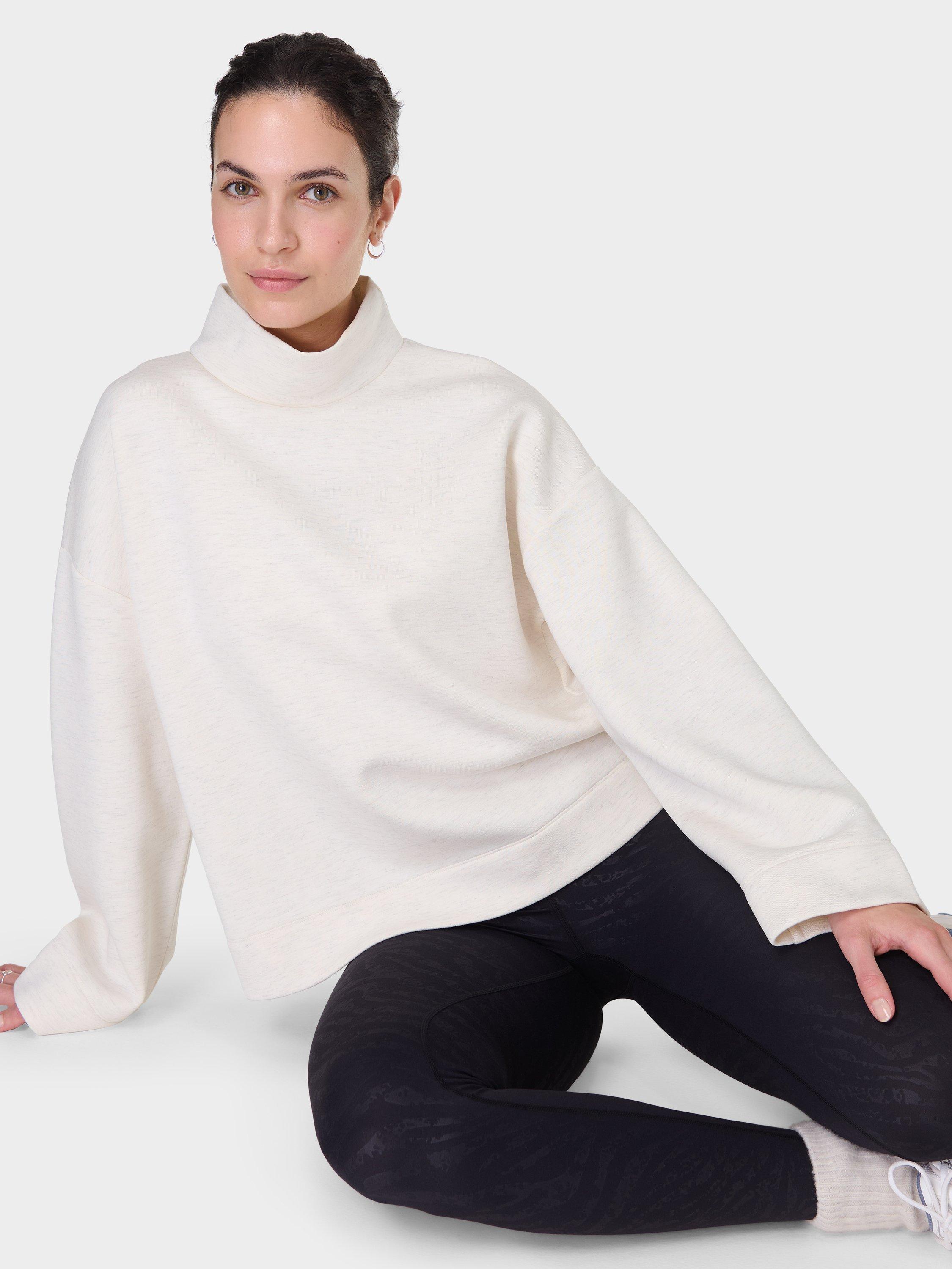 Product image 2 of 8, which shows Sweaty Betty Wind Down Funnel Neck Jumper, White Marl, L