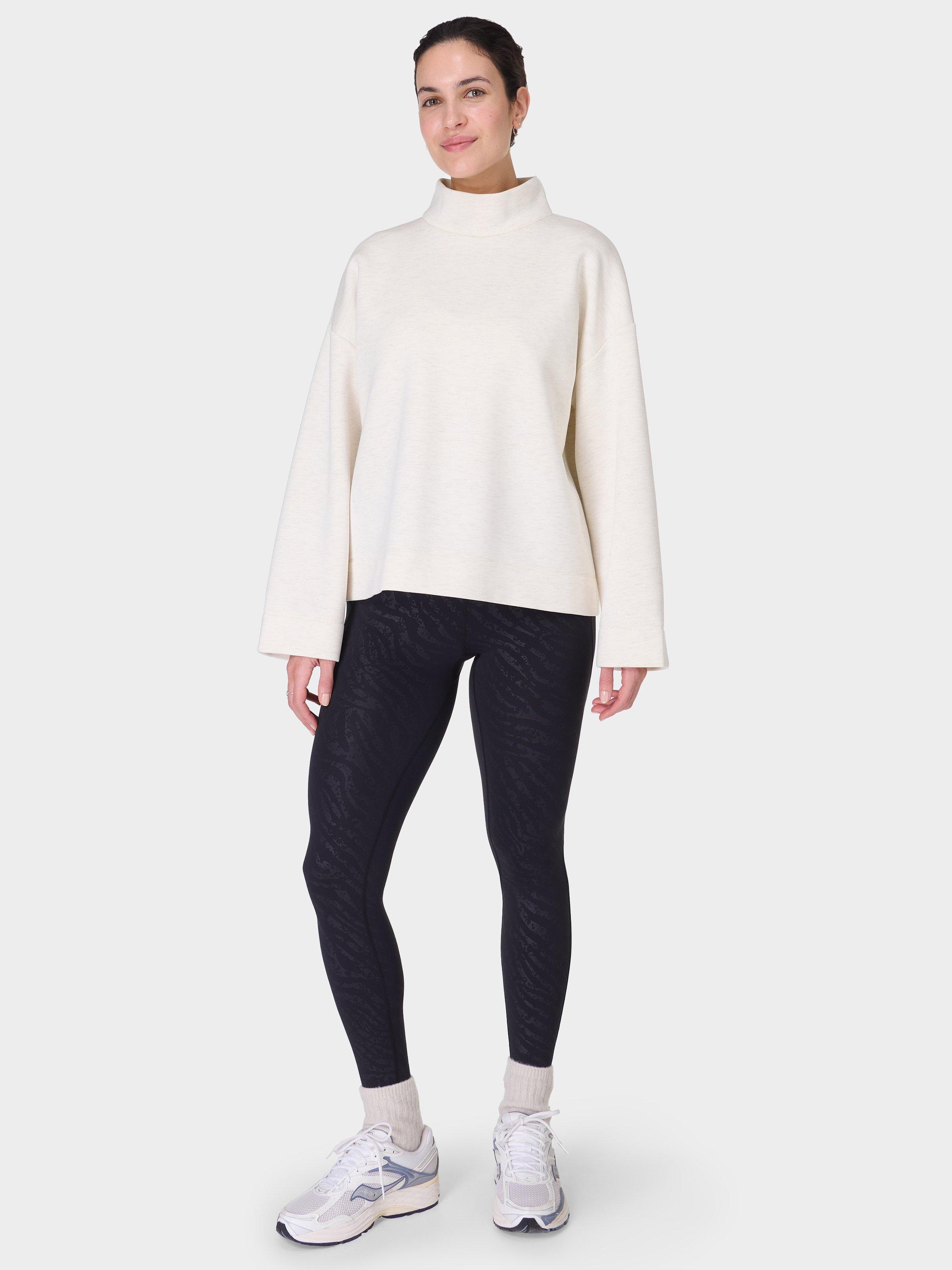 Product image 3 of 8, which shows Sweaty Betty Wind Down Funnel Neck Jumper, White Marl, L