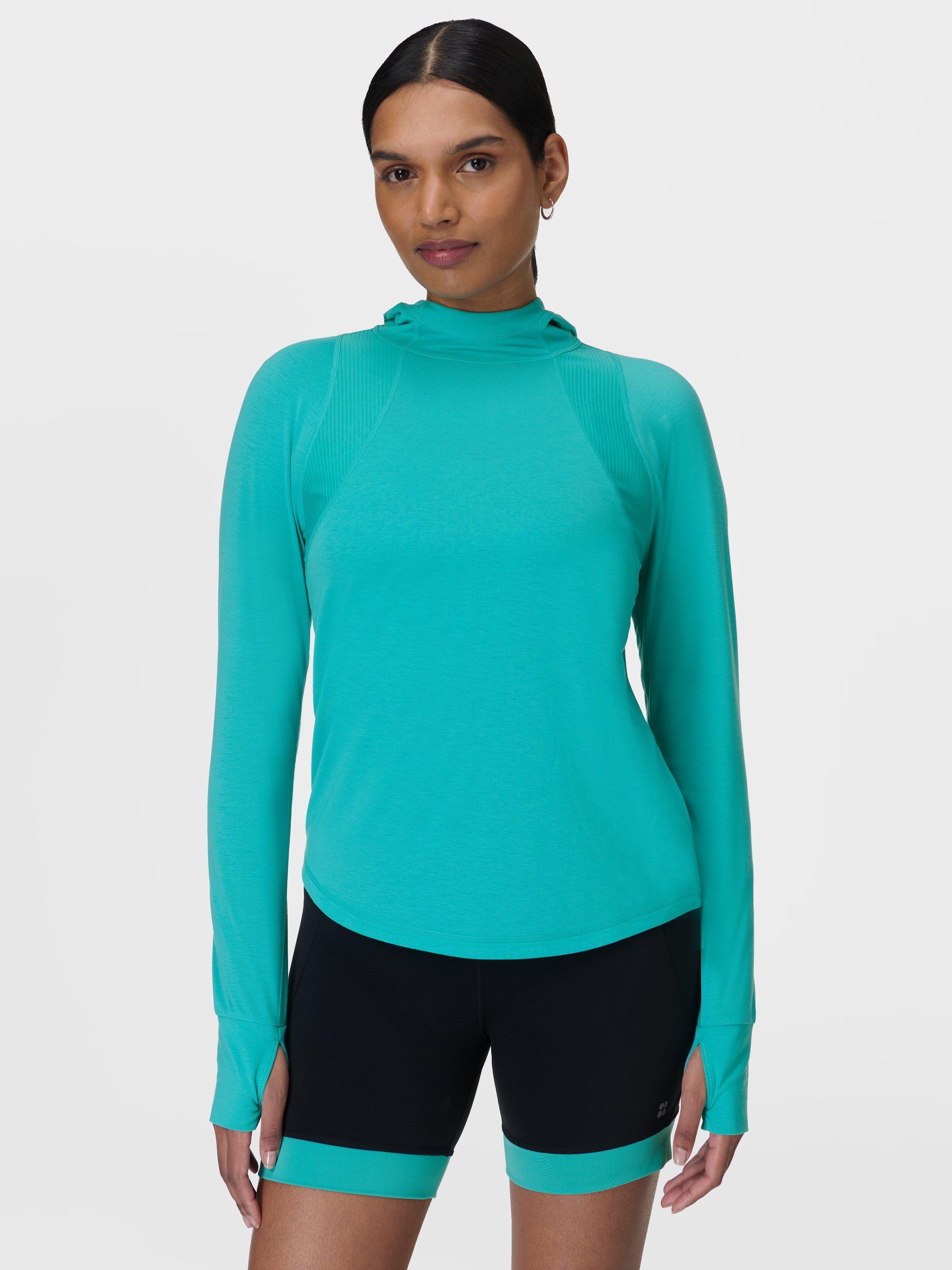 Product image 1 of 7, which shows Sweaty Betty Long Sleeve Hooded Workout Jumper, Ripple Blue, XXS