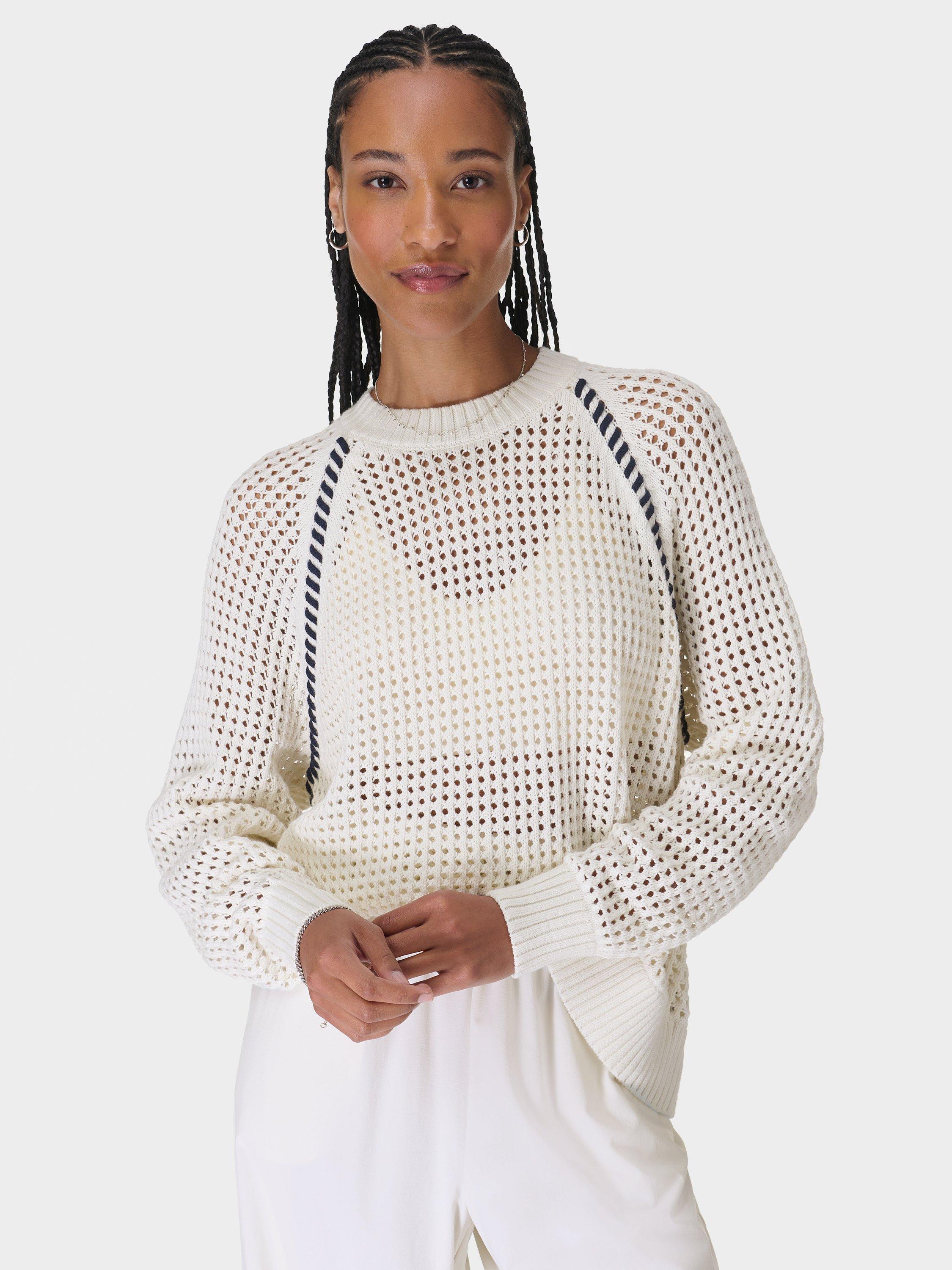 Product image 1 of 7, which shows Sweaty Betty Tides High Whipstitch Contrast Knit Cotton Jumper, Lily White, XXS