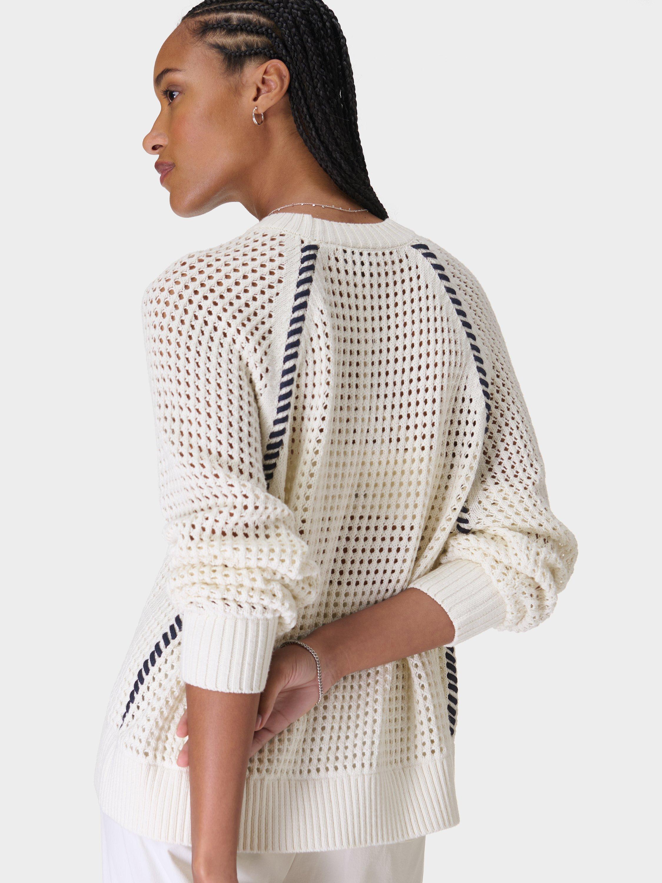 Product image 2 of 7, which shows Sweaty Betty Tides High Whipstitch Contrast Knit Cotton Jumper, Lily White, XXS