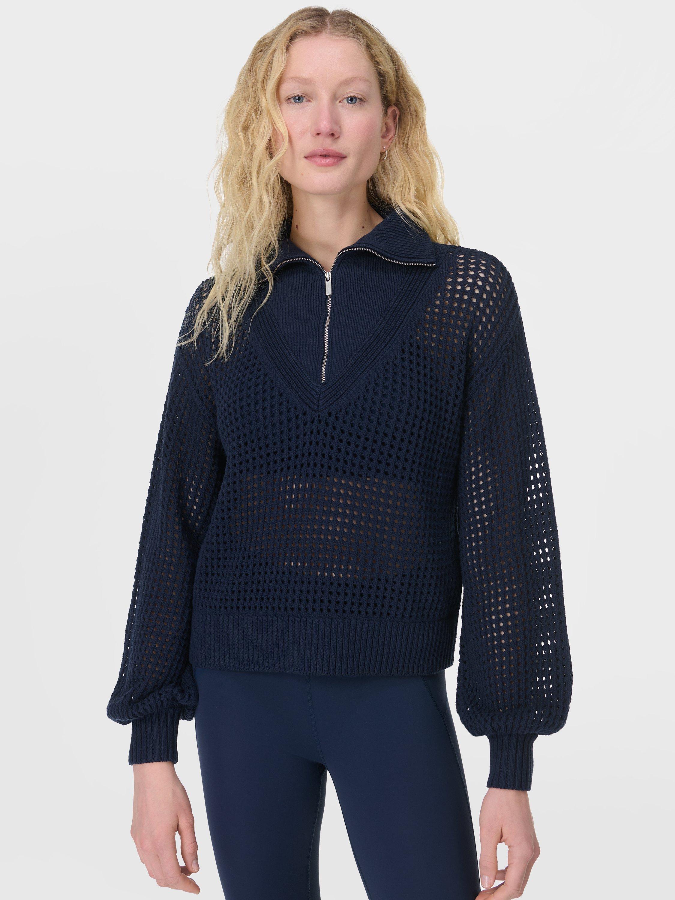 Product image 1 of 7, which shows Sweaty Betty Tides High Ribbed Hem Crochet Cotton Jumper, Navy Blue, XXS