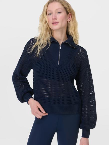 Sweaty Betty Tides High Ribbed Hem Crochet Cotton Jumper - view 2, Navy Blue