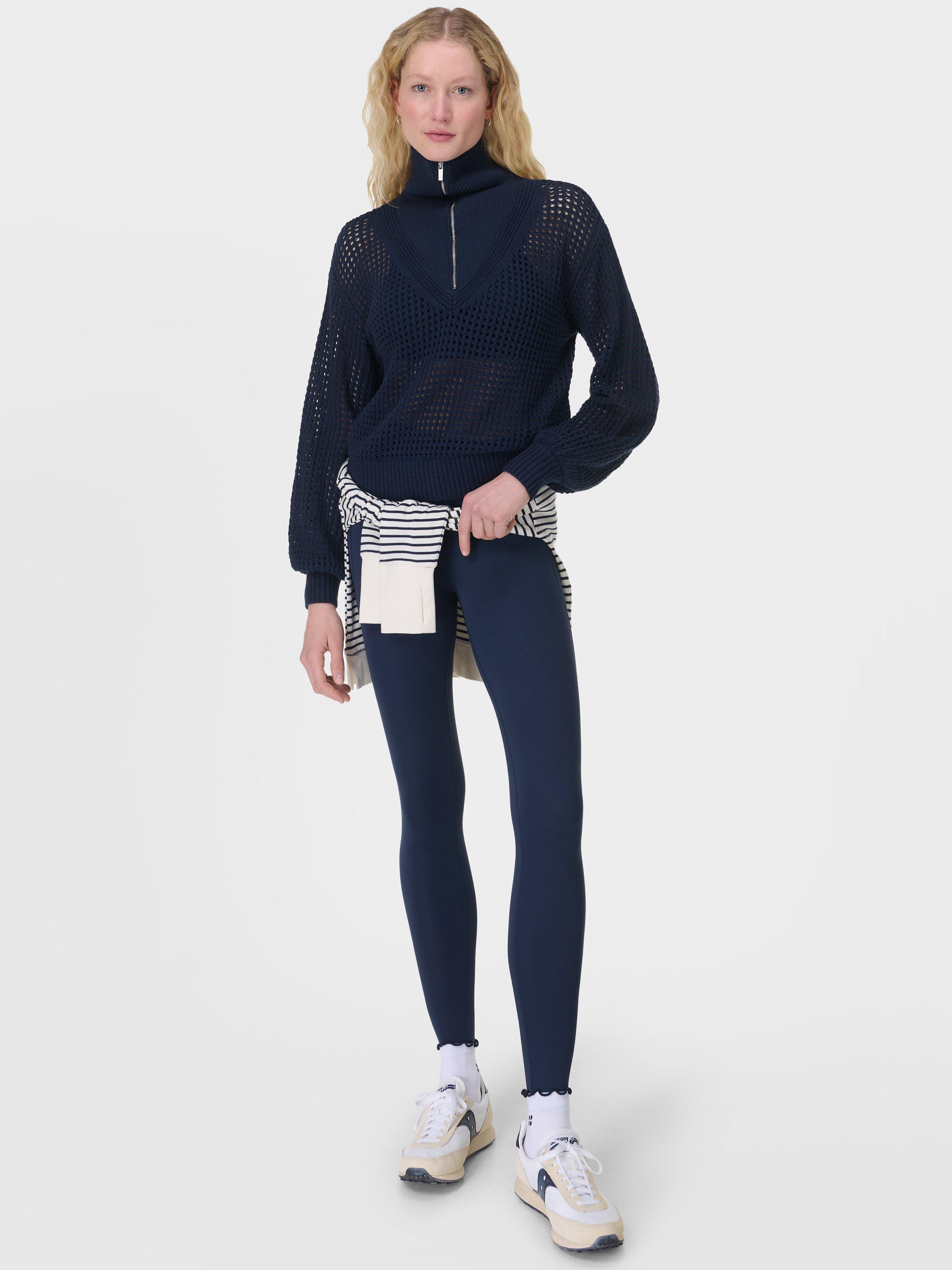 Product image 3 of 7, which shows Sweaty Betty Tides High Ribbed Hem Crochet Cotton Jumper, Navy Blue, XXS