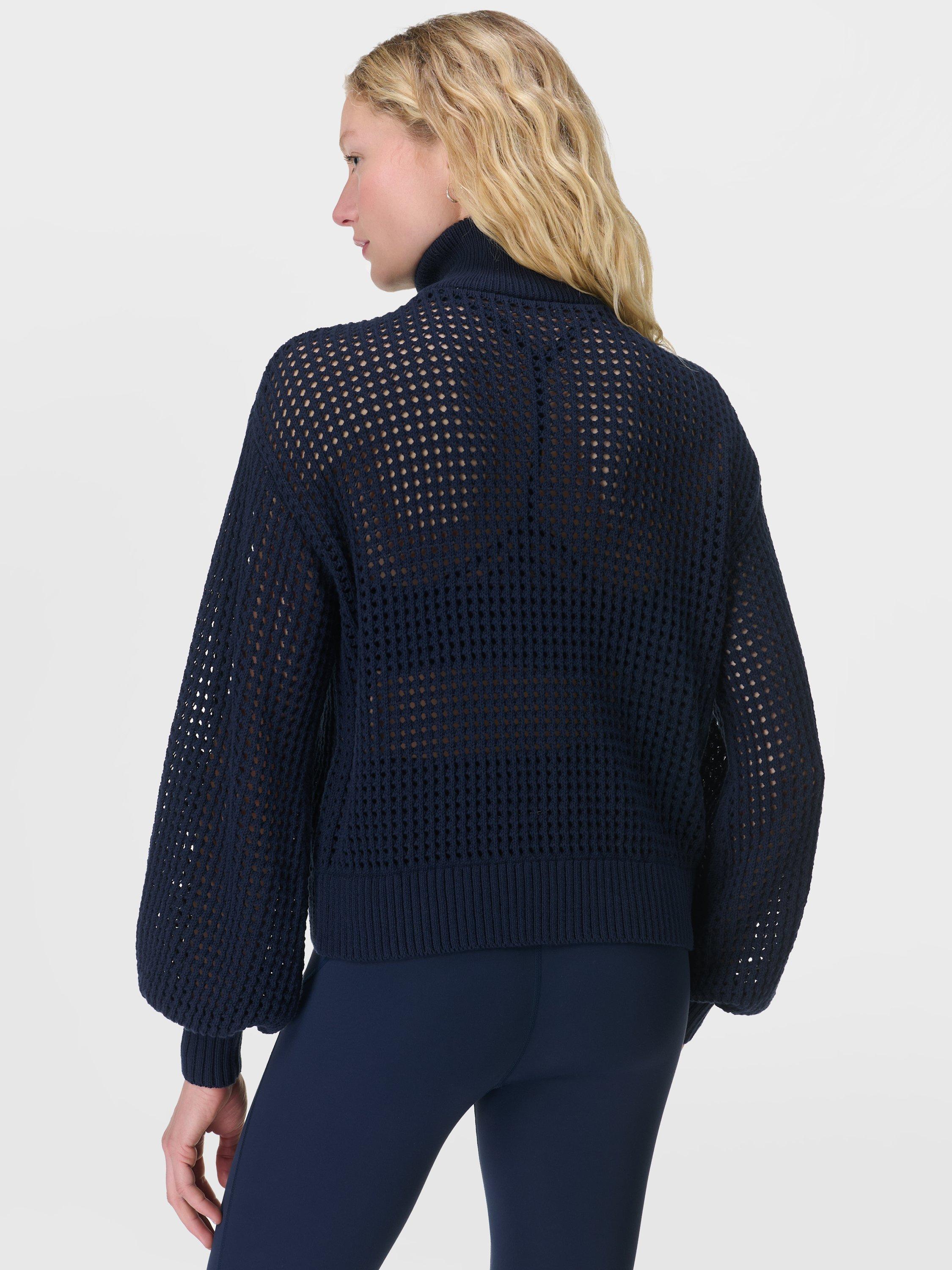 Product image 4 of 7, which shows Sweaty Betty Tides High Ribbed Hem Crochet Cotton Jumper, Navy Blue, XXS