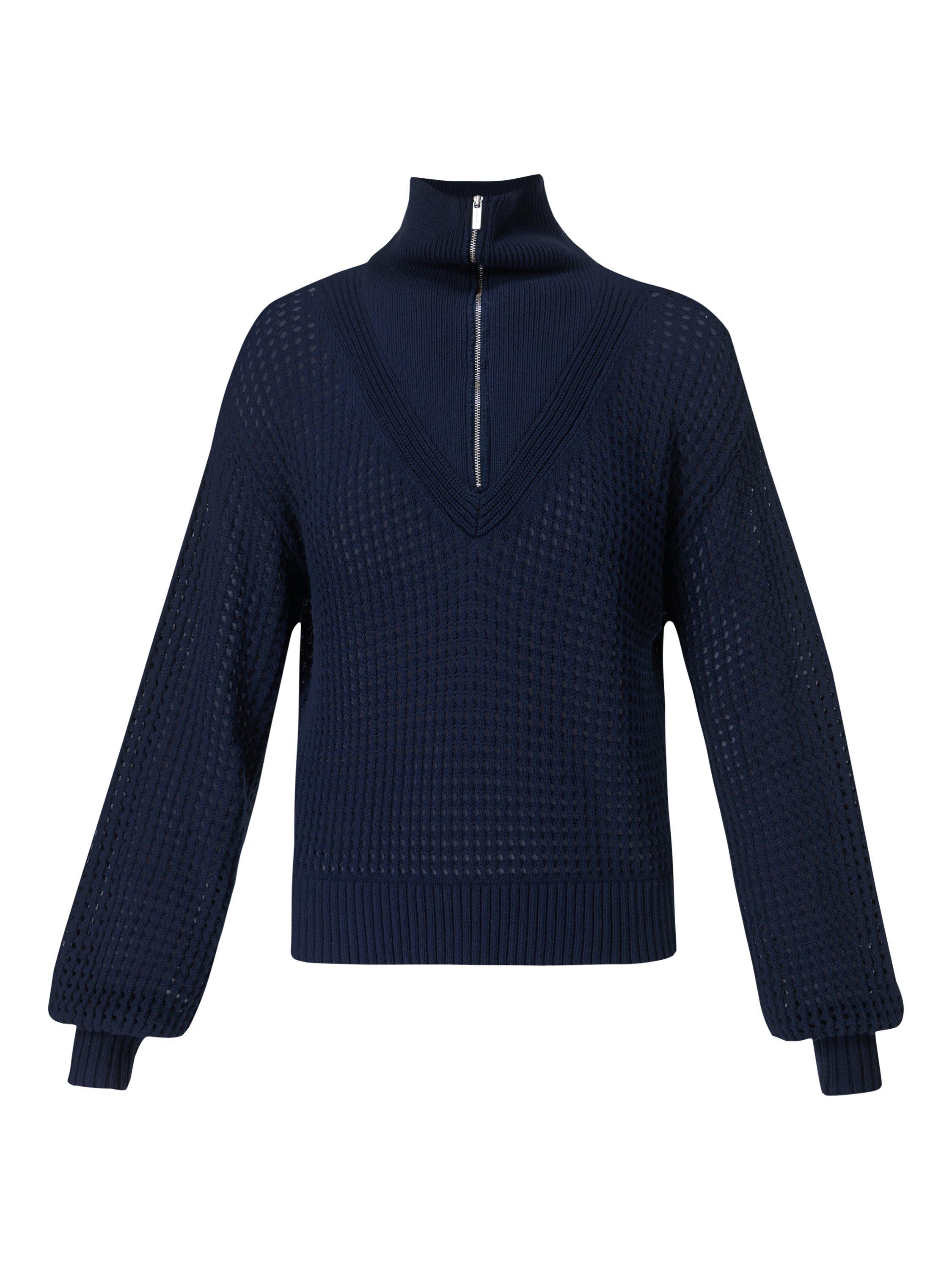 Product image 7 of 7, which shows Sweaty Betty Tides High Ribbed Hem Crochet Cotton Jumper, Navy Blue, XXS