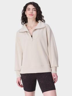 Sweaty Betty Sand Wash 1/2 Zip Longline Sweatshirt, Mineral Beige, Mineral Beige