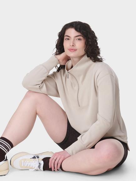 Sweaty Betty Sand Wash 1/2 Zip Longline Sweatshirt, Mineral Beige - view 2, Mineral Beige