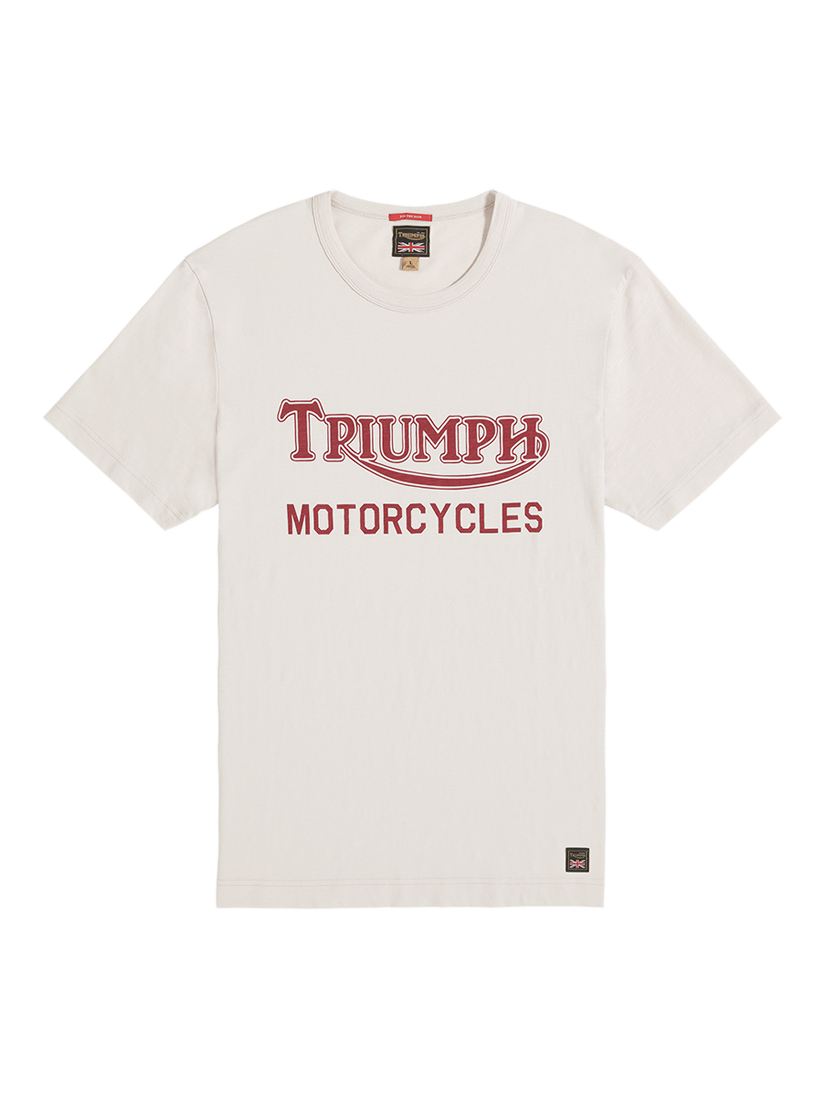 Product image 1 of 4, which shows Triumph Motorcycles Barwell Cotton Regular Fit Short Sleeve Logo T-Shirt, White/Sand, S