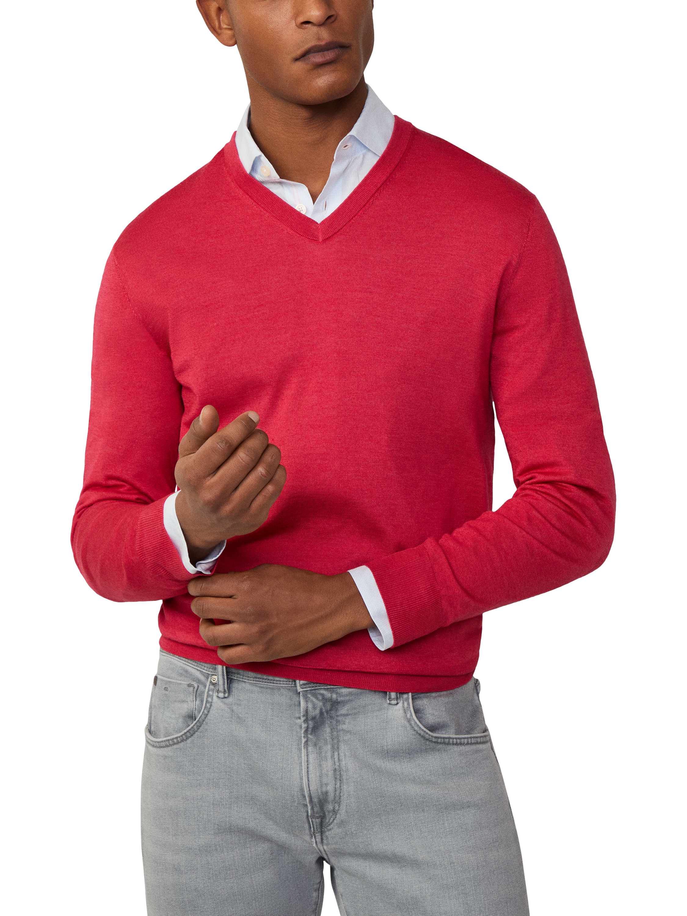 Product image 2 of 5, which shows Hackett London Merino & Silk V-Neck Jumper, Summer Red, XXXL