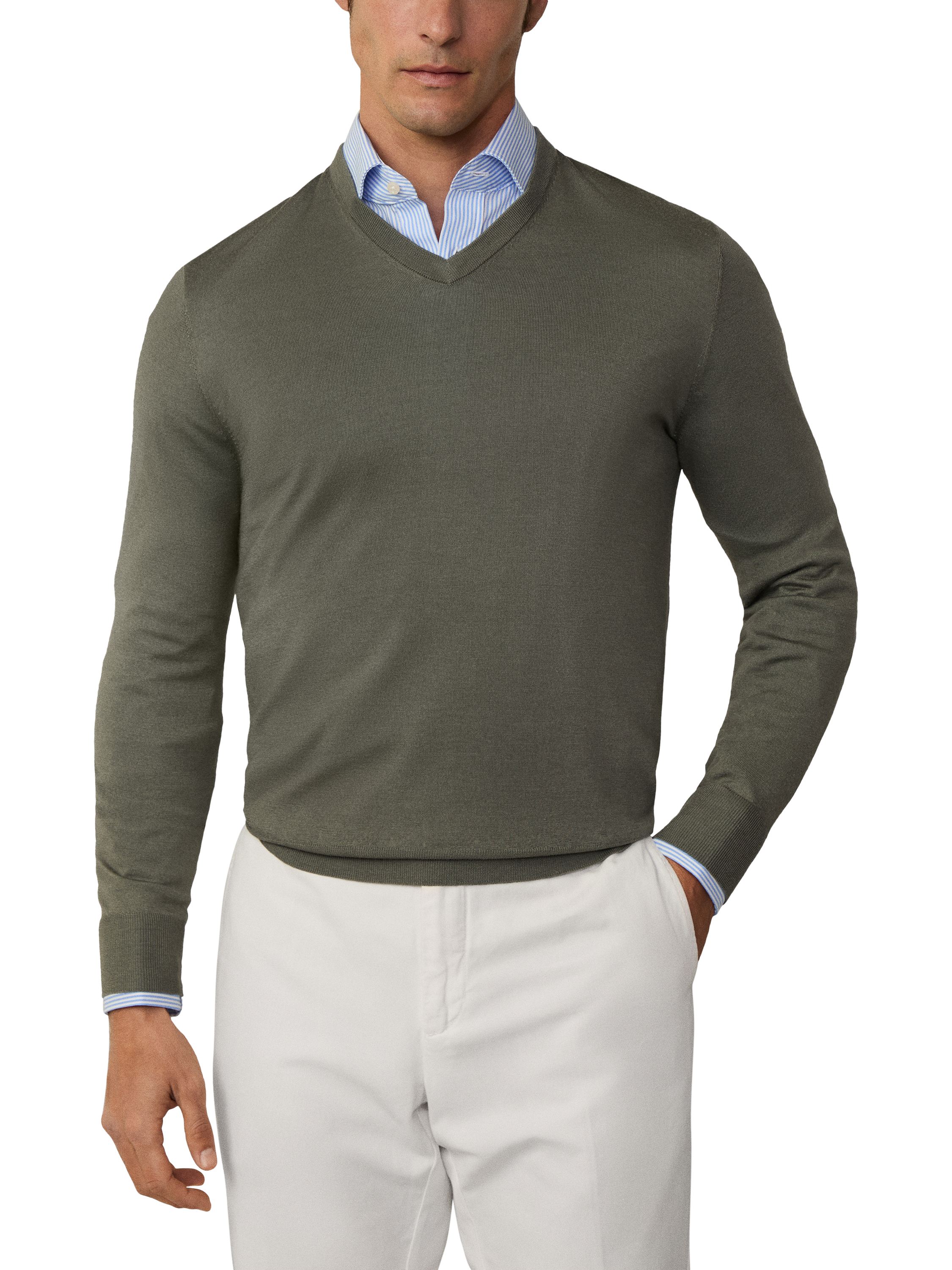 Product image 1 of 3, which shows Hackett London Merino & Silk V-Neck Jumper, Myrtle Green, XS