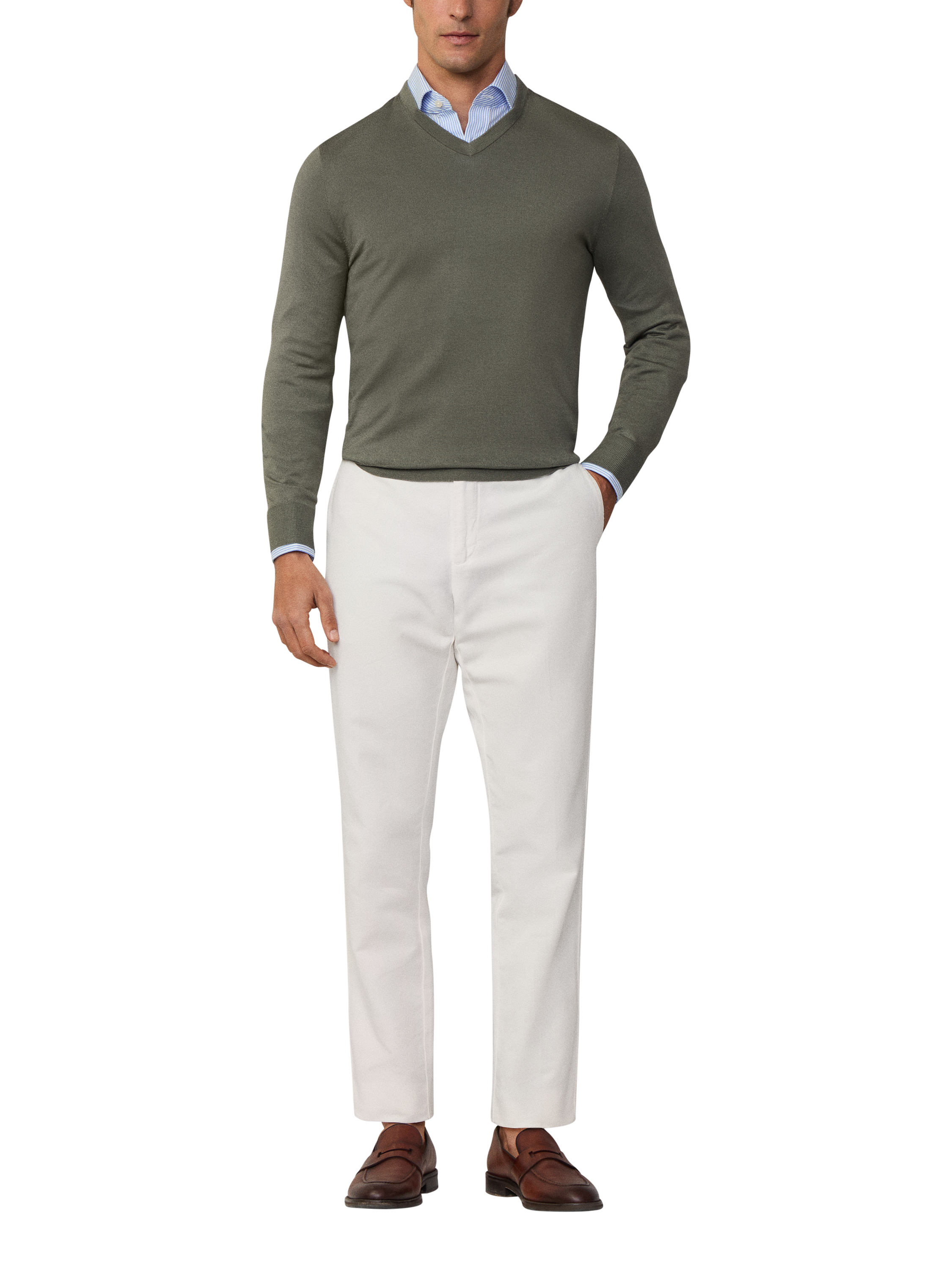 Product image 2 of 3, which shows Hackett London Merino & Silk V-Neck Jumper, Myrtle Green, XS
