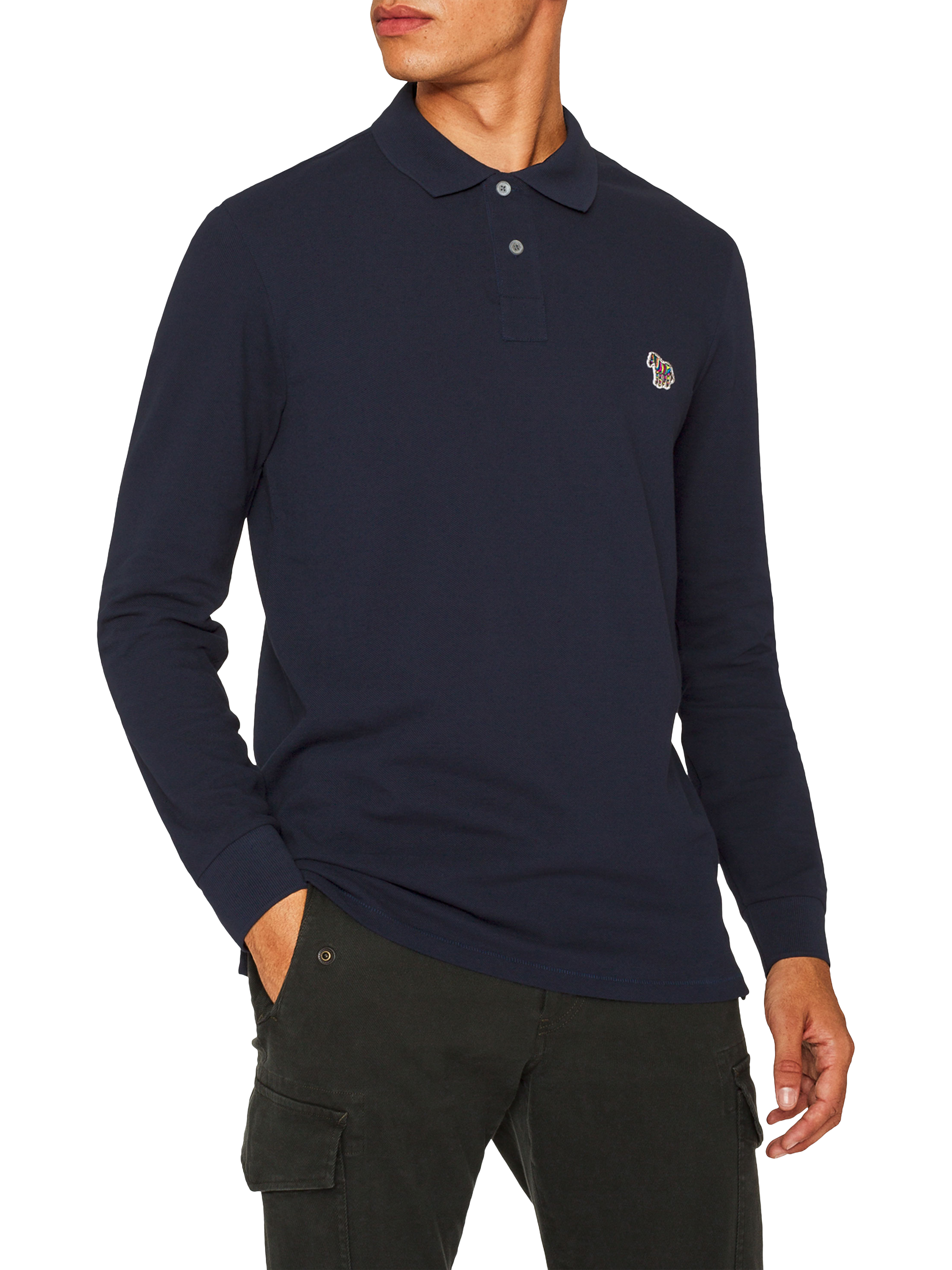 Product image 1 of 5, which shows PS Paul Smith Cotton Long Sleeve Piqué Polo Shirt, 49_very Dark Navy, S