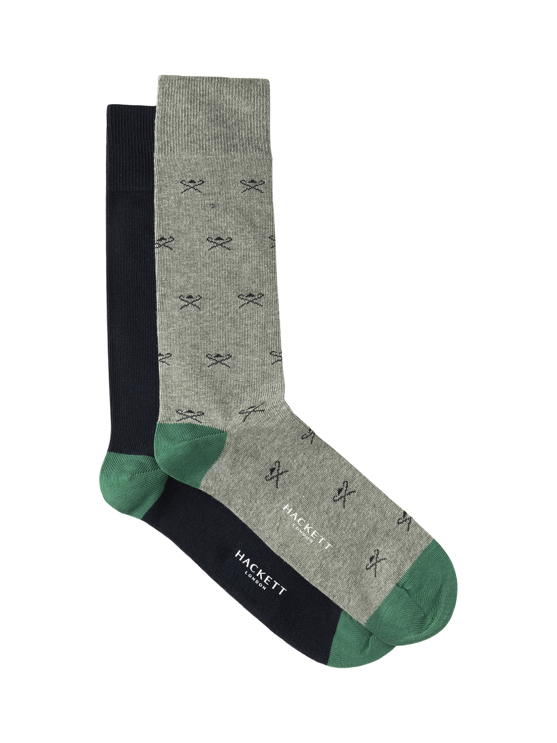 Product image 1 of 4, which shows Hackett London Umbrella Logo Print & Plain Crew Socks, Pack of 2, Grey, S-M