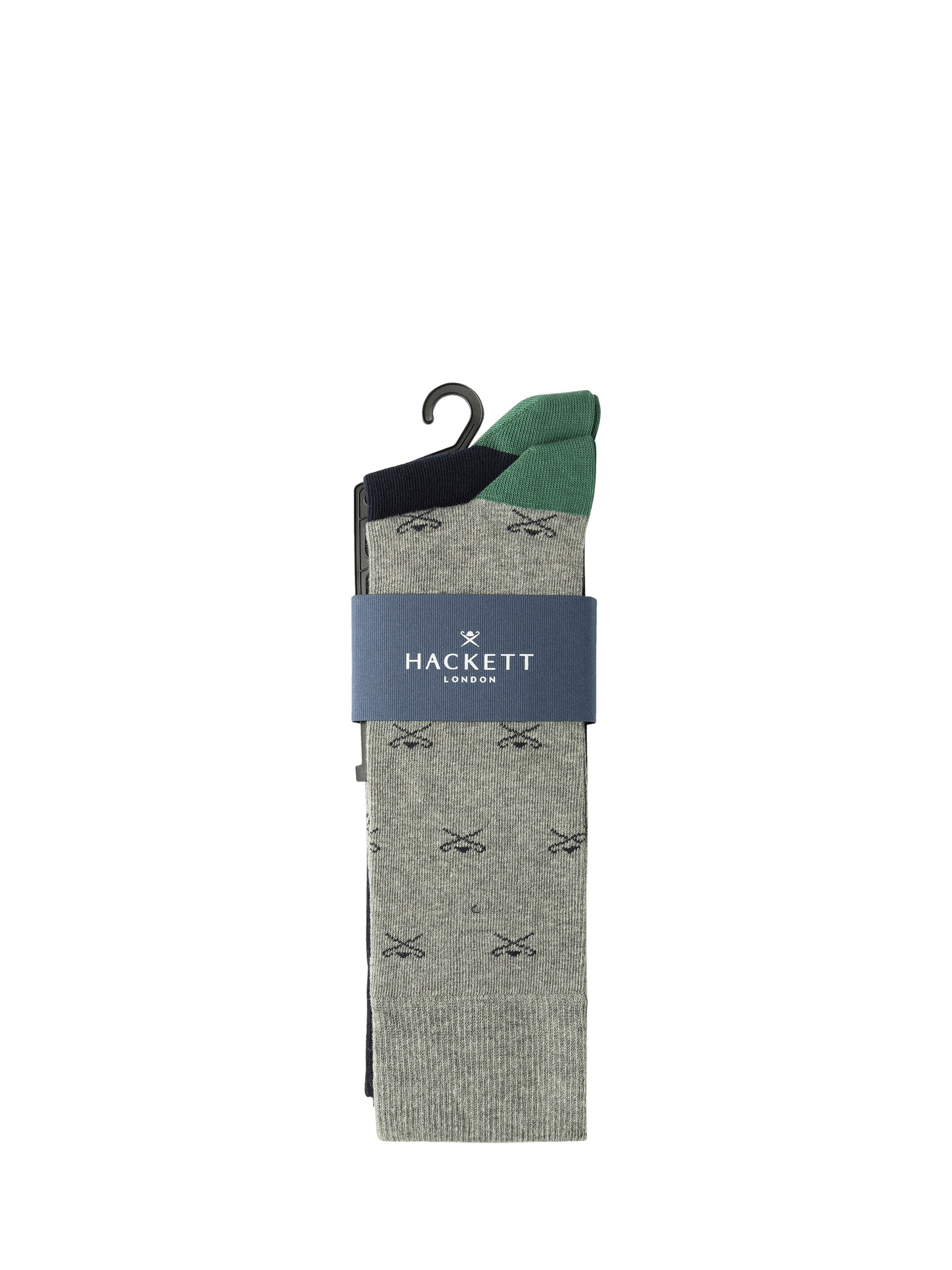 Product image 2 of 4, which shows Hackett London Umbrella Logo Print & Plain Crew Socks, Pack of 2, Grey, S-M