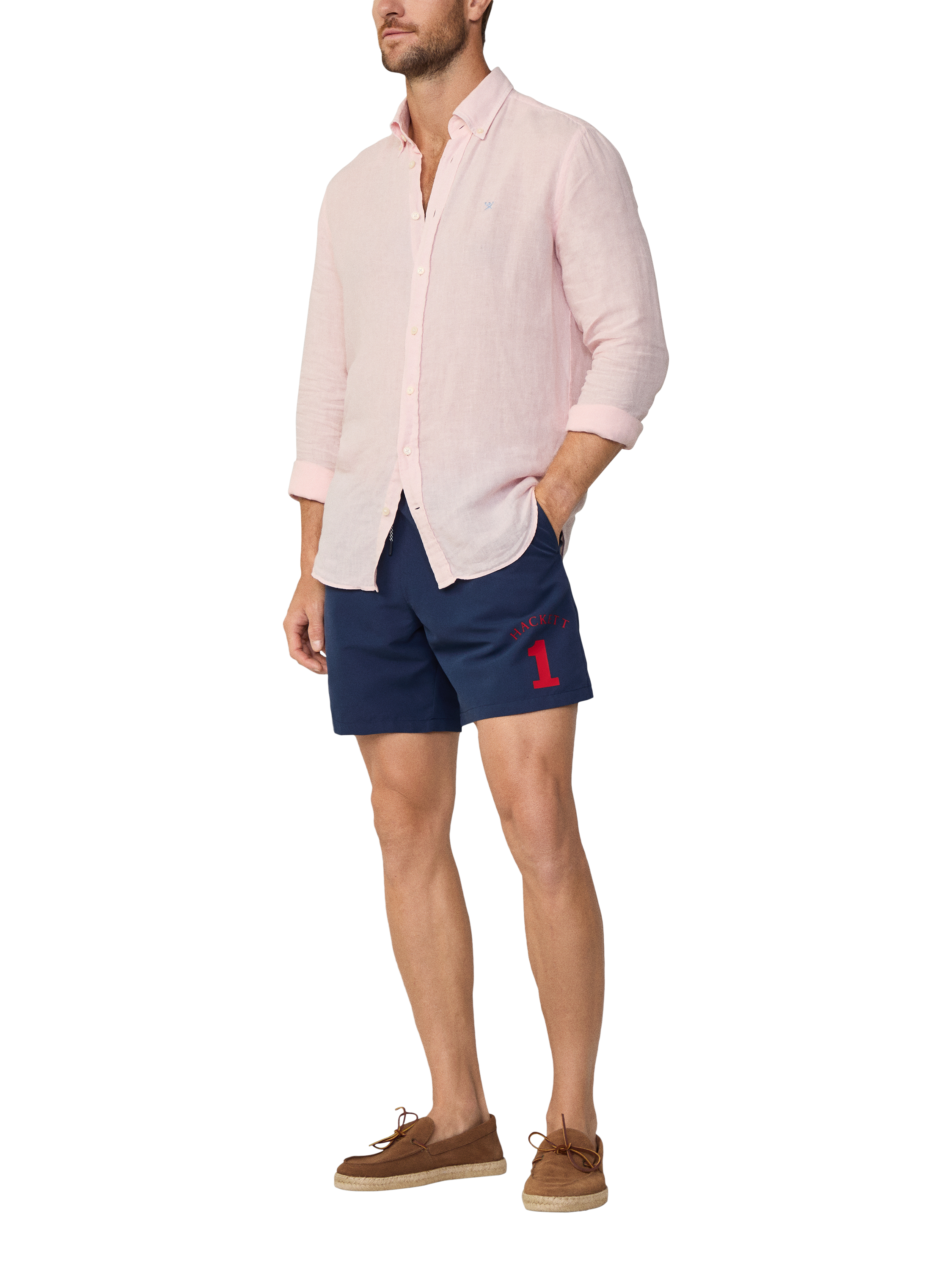 Product image 1 of 8, which shows Hackett London Regular Fit Branded Number Swim Shorts , Ink Blue, L